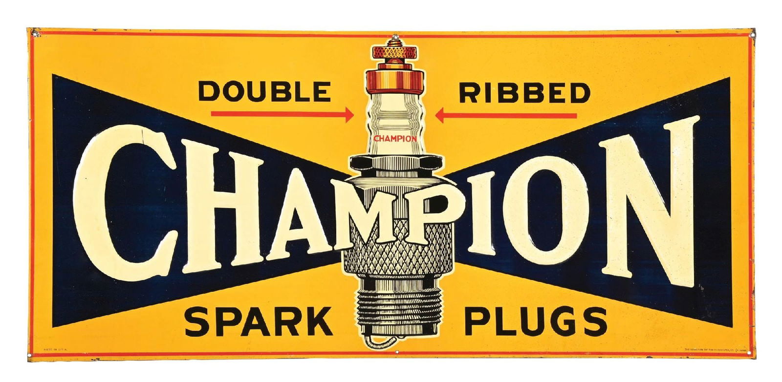 TIN ADVERTISING SIGN FOR CHAMPION SPARK PLUGS: SST. CONDITION: Rolled edges, marked for the Donaldson Art Sign Co., Covington, Kentucky. Showing modest to moderate edge wear, with some light surface scratches in the main field. One imperfection in