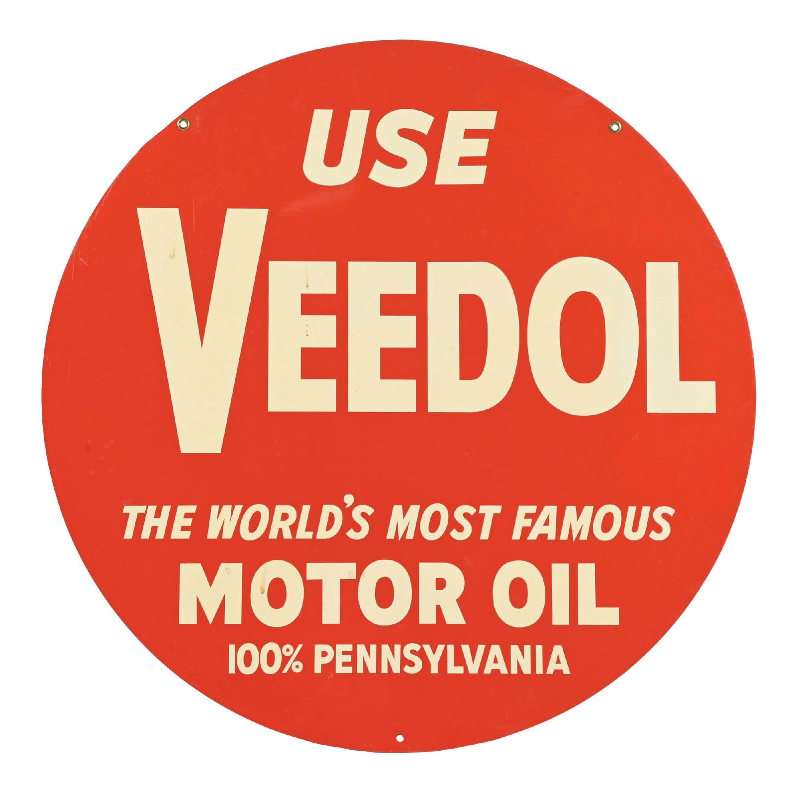 VEEDOL "THE WORLD'S MOST FAMOUS MOTOR OIL" TIN SIGN: DST. CONDITION: Sign was found new old stock, showing excellent color and gloss throughout the field with some minor areas of surface scratching from storage on each side, as well as some light age st