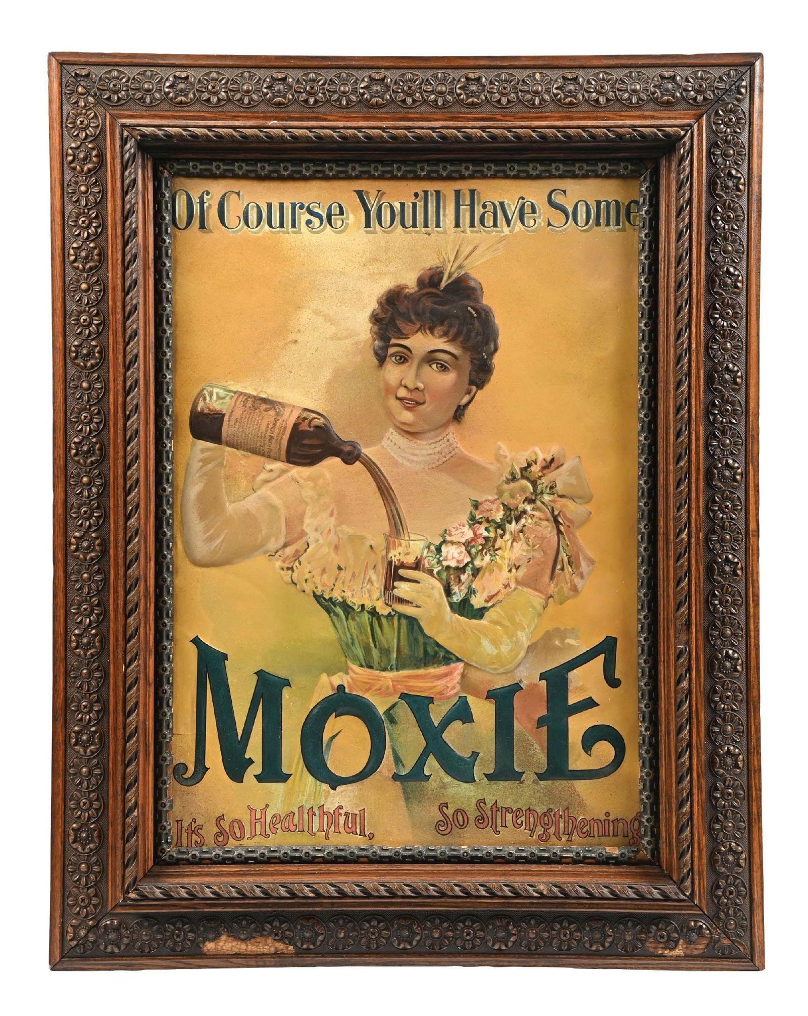 RARE EMBOSSED TIN MOXIE ADVERTISING SIGN: SST. CONDITION: It shows a light fade overall, some areas of touch-up paint, possibly having been trimmed along the bottom edge, a tear in the tin in the word "Its" along the bottom, as well as adjace
