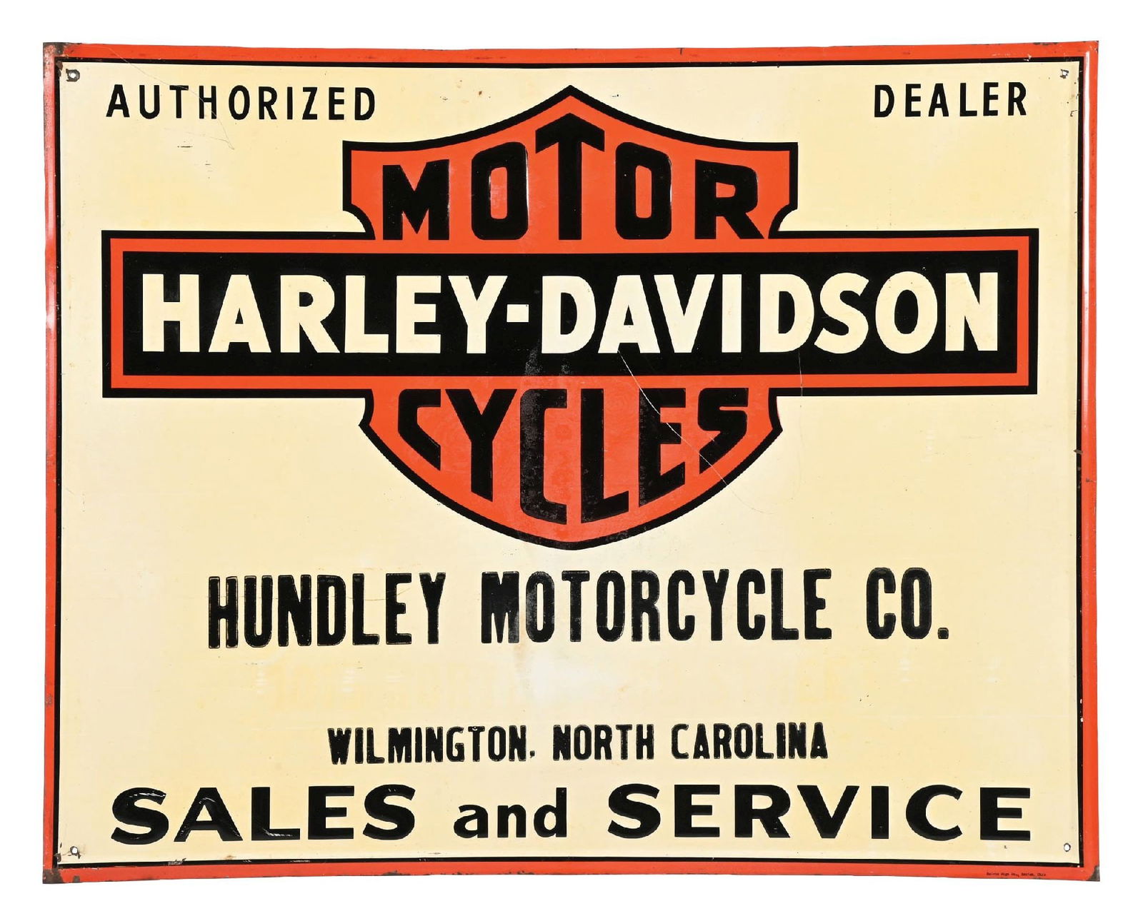 HARLEY DAVIDSON MOTORCYCLES SALES & SERVICE EMBOSSED TIN SIGN FOR HUNDLEY MOTORCYCLE CO.: SST. Maker marked Scioto Sign Co. CONDITION: Bright and glossy throughout, showing some minor areas of light surface scratch as well as some cloudiness spotting in the gloss. Light age staining to the