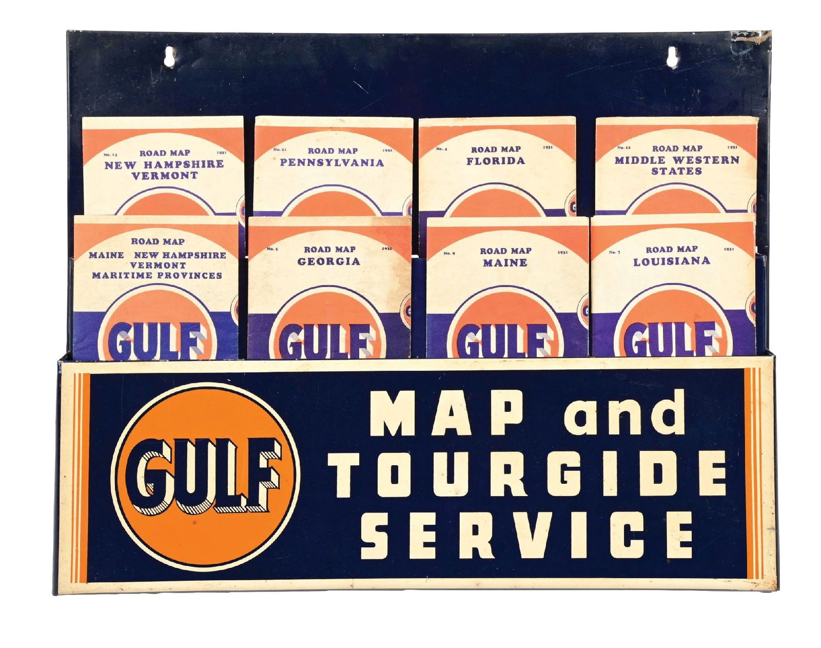 GULF MAP & TOUR GUIDE SERVICE TIN MAP DISPLAY W/ ORIGINAL GULF ROAD MAPS (1 of 3)