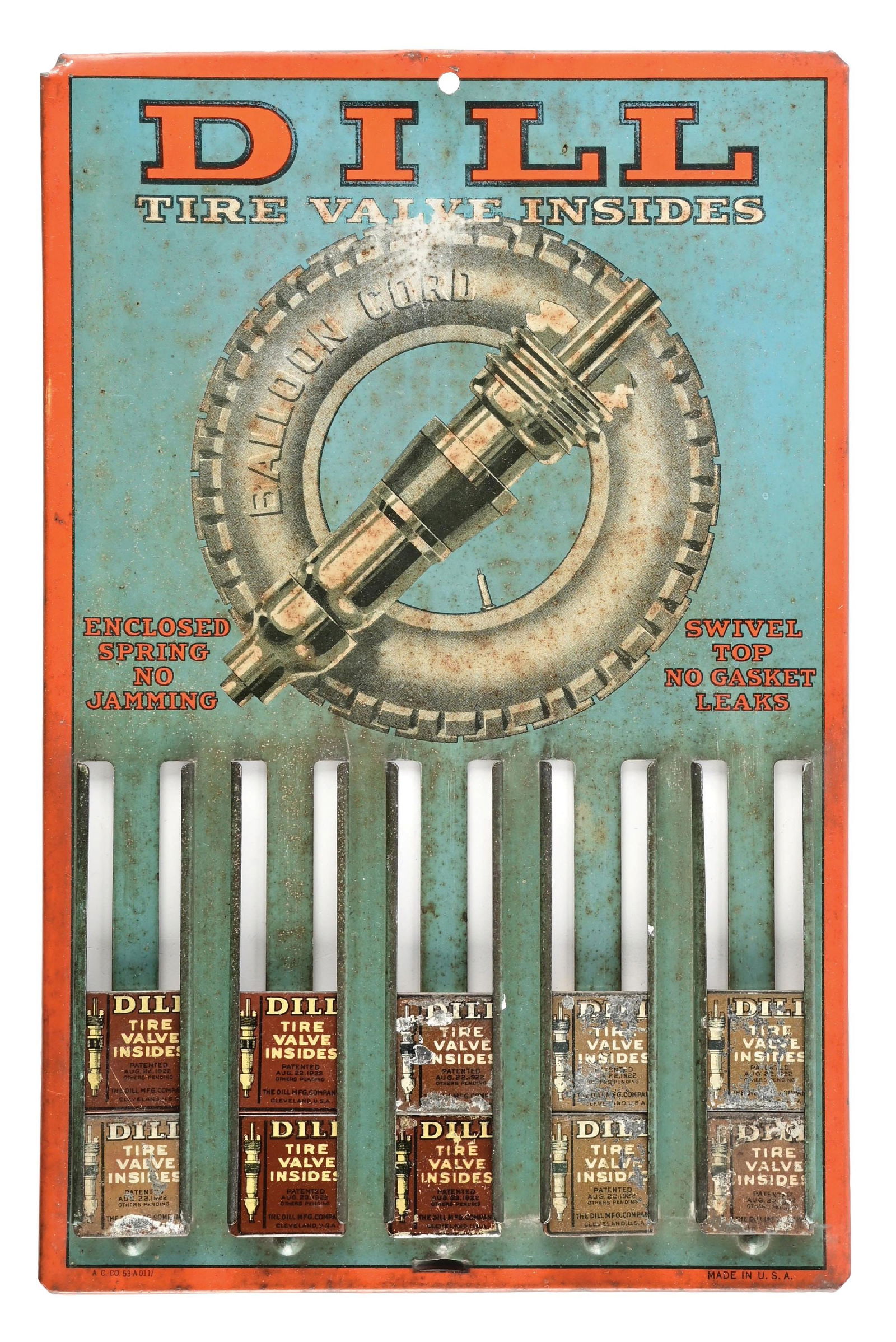 DILL TIRE VALVE TIN STORE DISPLAY SIGN W/ TIRE GRAPHIC (1 of 3)