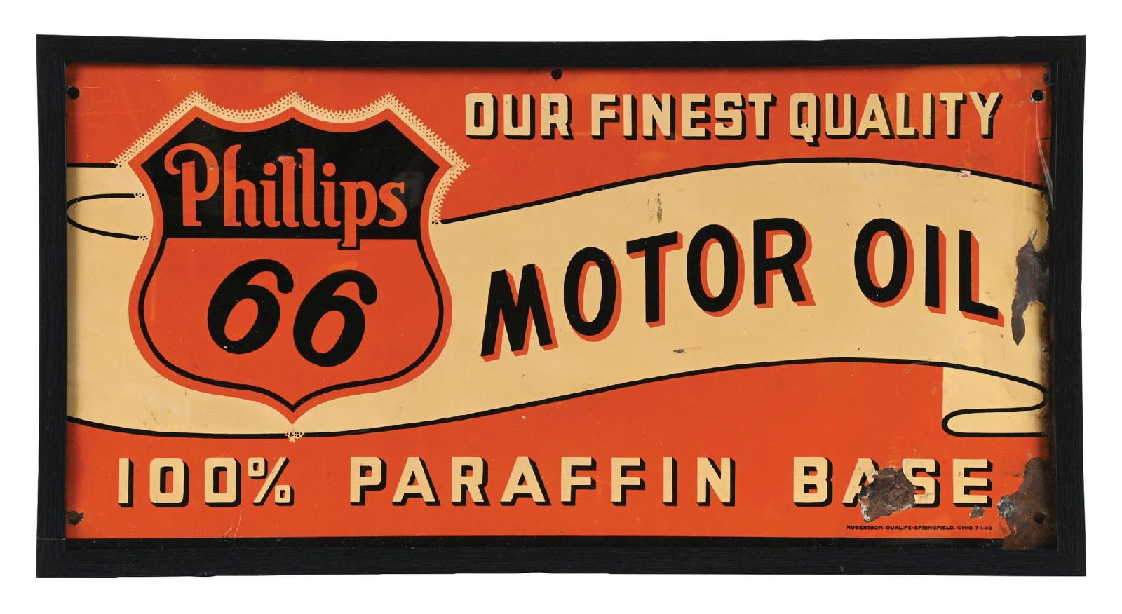 PHILLIPS 66 MOTOR OIL FRAMED TIN SIGN: SST. Maker marked Robertson. CONDITION: Sign showing excellent color and gloss throughout, with clean graphic showing only light paint wear in the inner field. Heavier paint wear along the right edge.