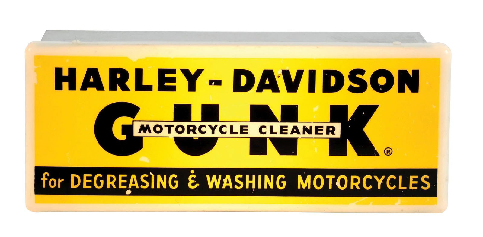 HARLEY DAVIDSON GUNK MOTORCYCLE CLEANER LIGHT-UP STORE DISPLAY SIGN: Single-Sided Plastic Face for Harley Davidson mounted on a newly made metal can with new electrical. CONDITION: Advertising face is in excellent condition, showing only light nicks in the field with s
