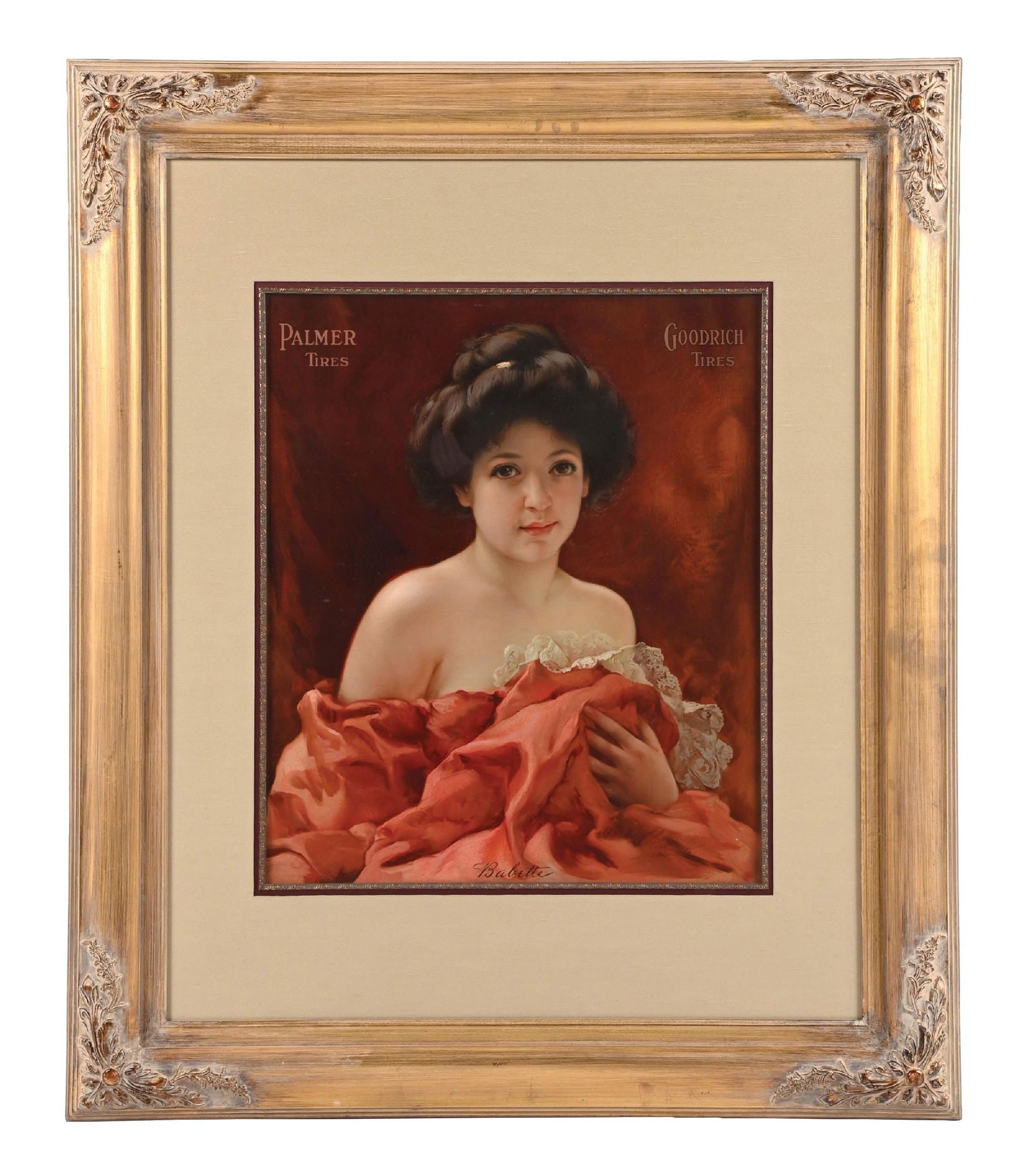 PALMER AND GOODRICH TIRES FRAMED CANVAS PORTRAIT ADVERTISEMENT "BABETTE" (1 of 2)