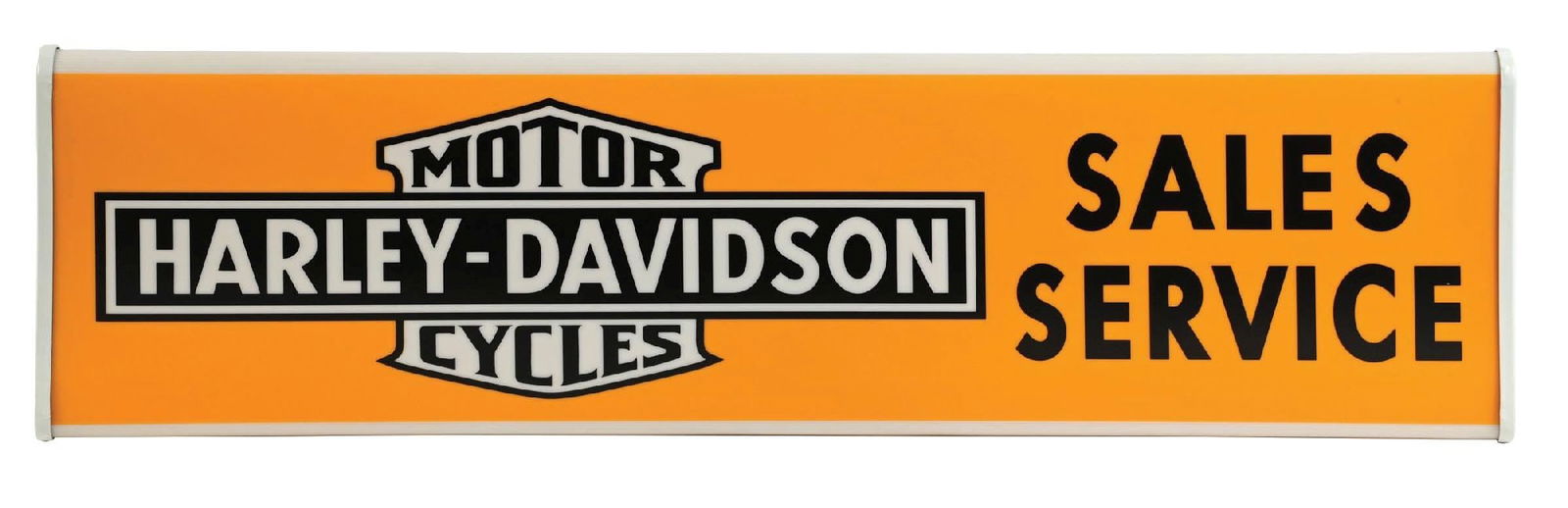 HARLEY DAVIDSON MOTORCYCLES SALES & SERVICE N.O.S. NEON PRODUCTS LIGHT-UP DEALERSHIP DISPLAY W/: Single-Sided Plastic Face Light-Up Dealership Display. New old stock with original shipping box from Neon Products, Lima, Ohio. CONDITION: Overall outstanding, showing excellent color and gloss with n
