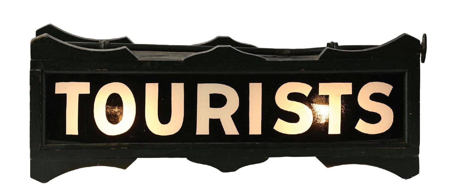 TOURISTS LIGHT-UP SIGN W/ ORIGINAL IRON HANGER & WOODEN FRAMING: Double-Sided Glass Light-Up Display with original metal hanger. C. 1920s. CONDITION: Sign is in excellent displaying condition, original throughout the glass of each sides as well as the wooden body.