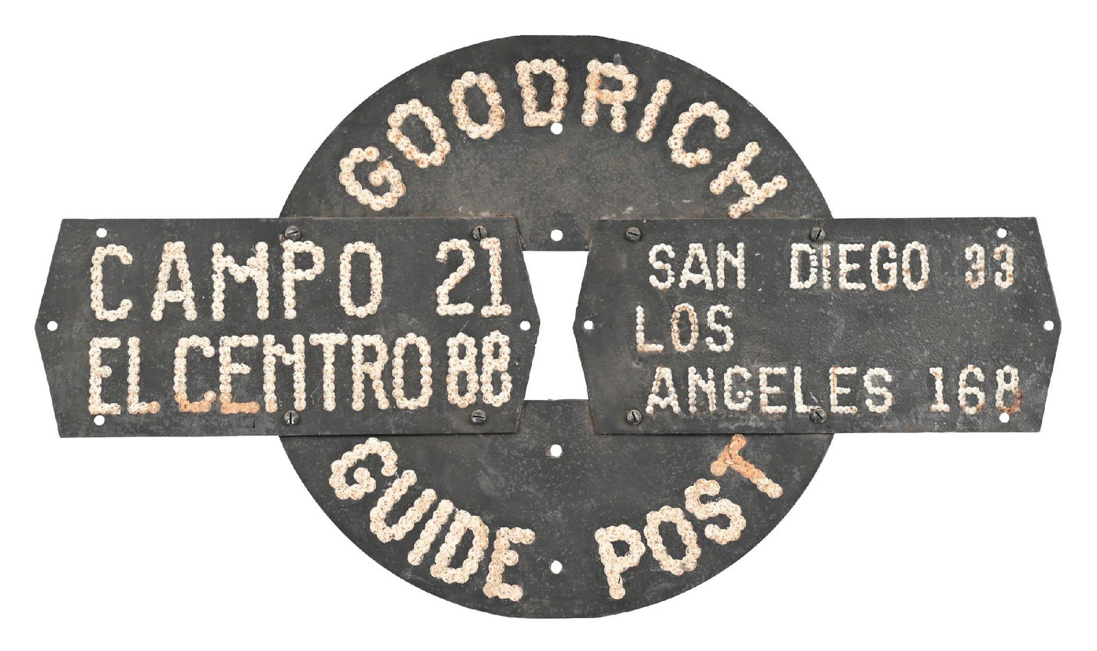 EXCEPTIONALLY RARE GOODRICH GUIDE POST SOUTHERN CALIFORNIA DRILLED IRON HIGHWAY DIRECTIONAL SIGN: Single-Sided Iron showing drilled lettering. C. 1910s. CONDITION: Sign shows a large majority of its original paint present with some light areas of color match to the rusted surface, which blends nic