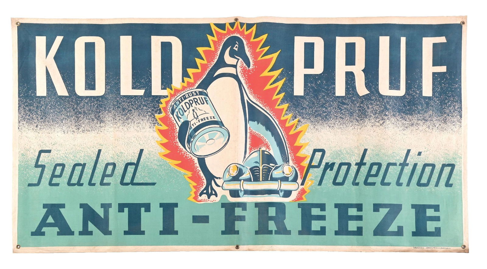 KOLDPRUF SEALED PROTECTION ANTI-FREEZE ADVERTISING BANNER: Single-Sided Cloth Banner. Maker marked Sweeney Litho. CONDITION: Bright and colorful with unique graphic, showing minor areas of light age staining and age wear. Original grommets intact with light w