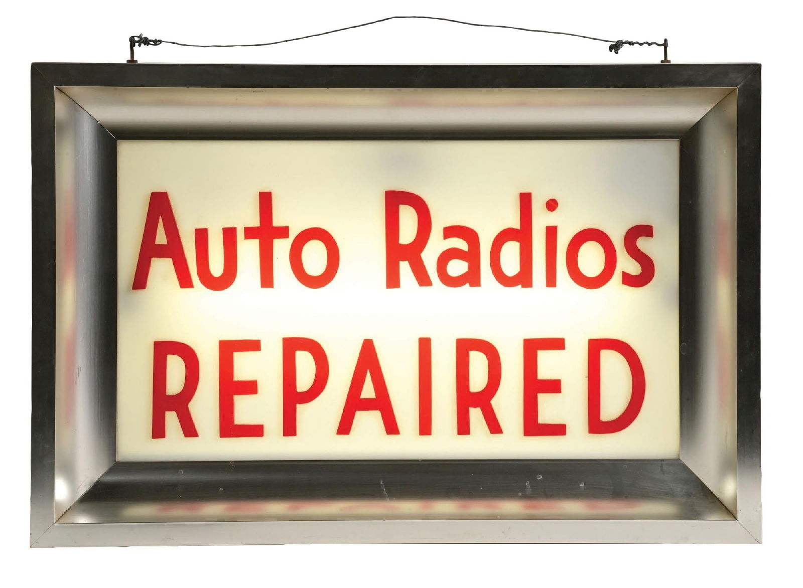 AUTO RADIOS REPAIRED LIGHT-UP STORE DISPLAY SIGN: Single-Sided Plastic Light-Up Display Sign. Maker marked Ohio Advertising. CONDITION: Excellent color and gloss throughout, showing minimal wear to the advertising face. Light areas of wear to the out
