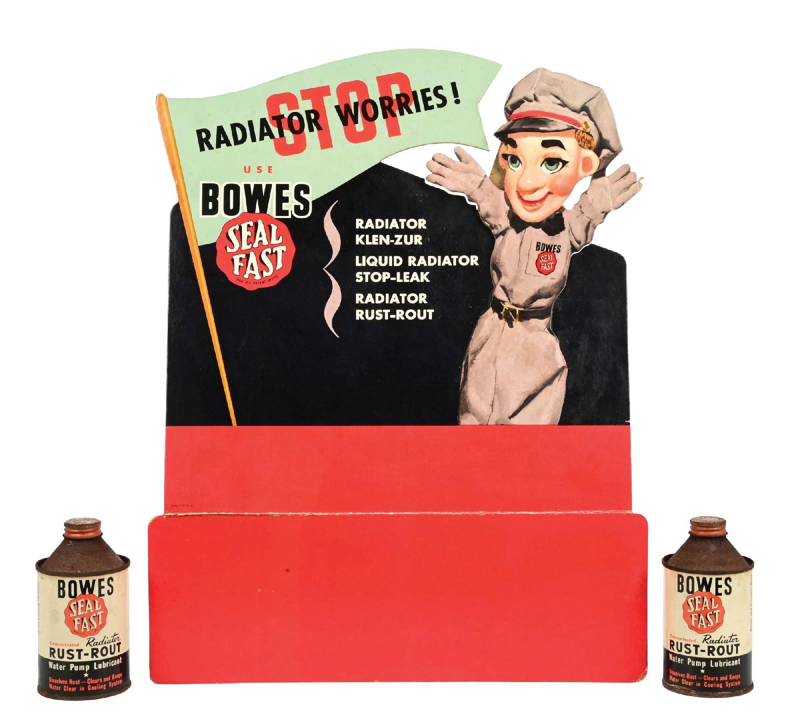BOWES SEAL FAST RADIATOR STOP LEAK CARD STOCK STORE DISPLAY W/ CONE TOP DISPLAY CANS (1 of 2)