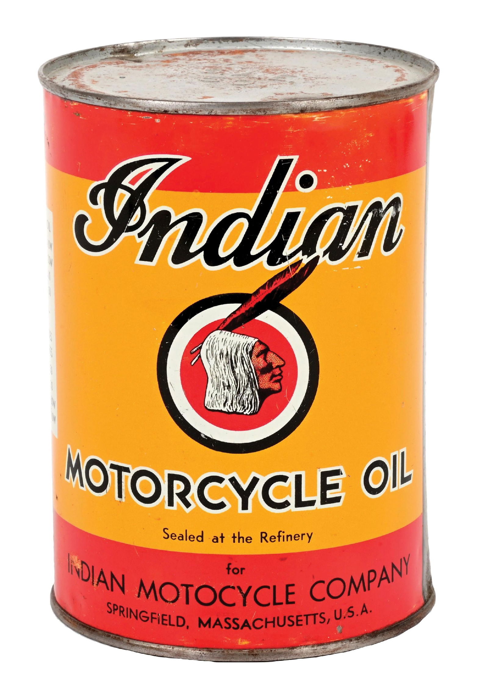 INDIAN MOTORCYCLE OIL "BULLSEYE" ONE- QUART CAN: One-Quart Can. C. 1940s. CONDITION: Excellent color and gloss throughout, showing iconic Native American graphic. Light areas of surface scratching, as well as some minor shallow denting. Original lid