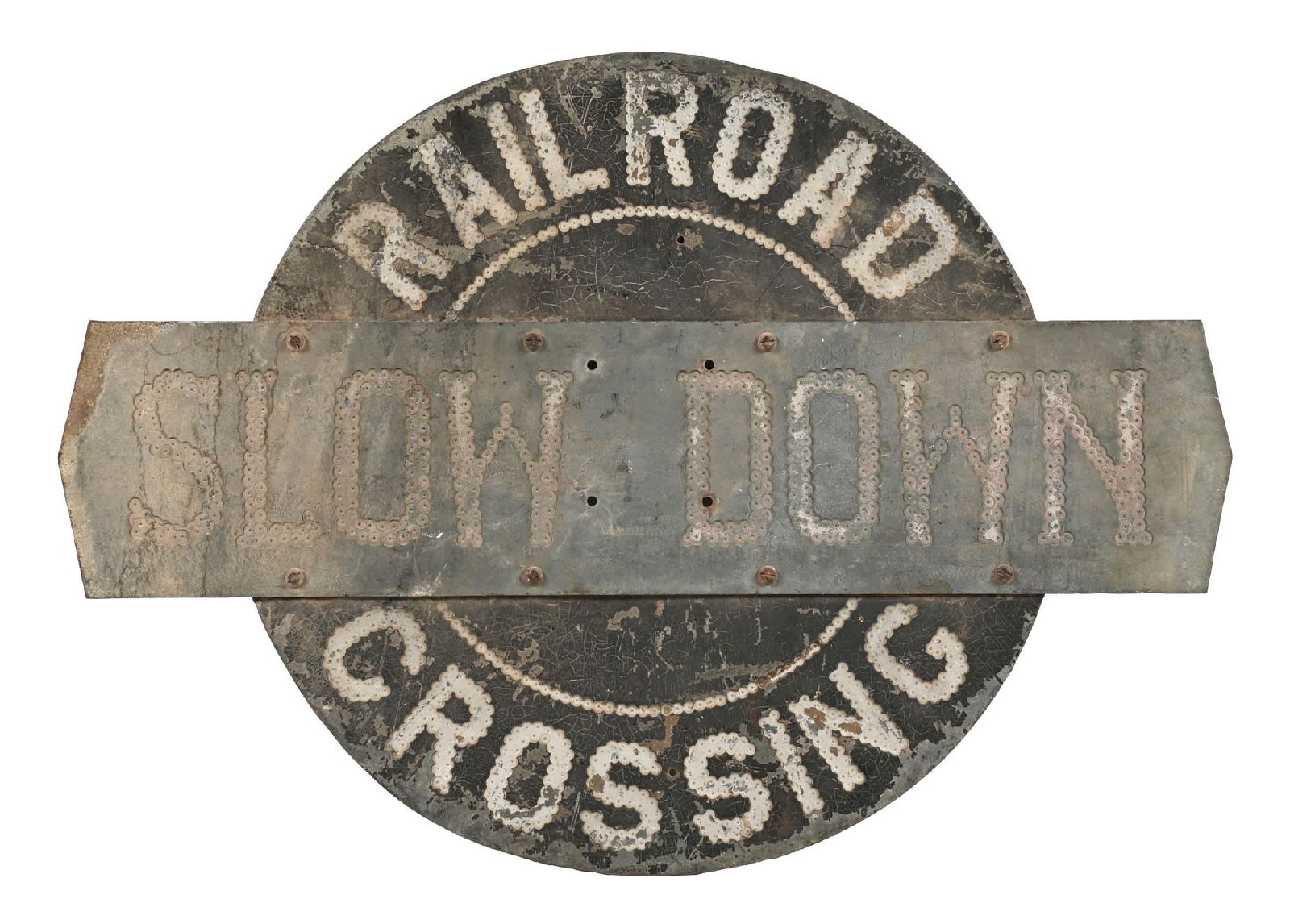 SLOW DOWN RAILROAD CROSSING DRILLED IRON SIGN: Single-Sided Iron Sign showing drilled lettering throughout the inner & outer fields. CONDITION: Very good original paint, showing crackling and wear with no notable damage, showcasing an excellent pa