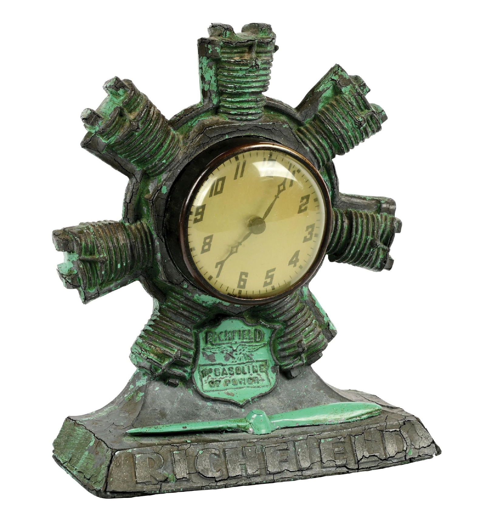 RICHFIELD AVIATION GASOLINE ADVERTISING DESK CLOCK: C. 1930s. CONDITION: Cast metal is in very good condition showing a majority of its original paint with clock at the center. Minor areas of age wear to the surface with some toning of the clock face b