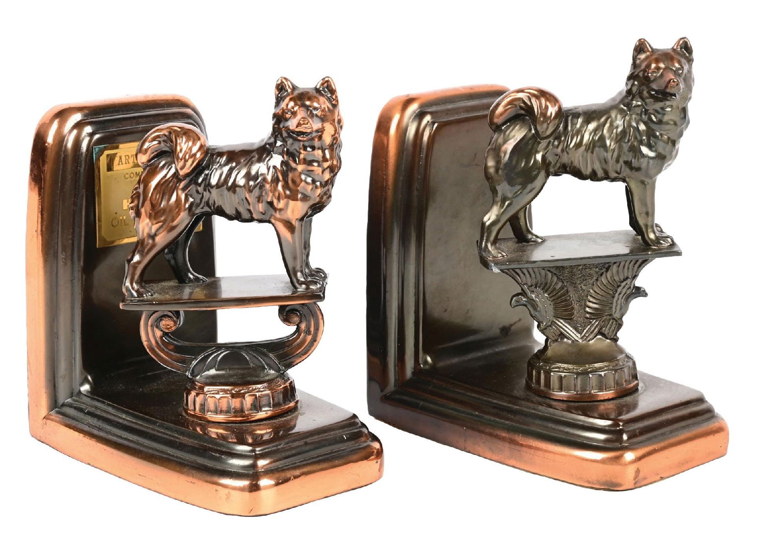 HUSKY OIL COMPANY FIGURAL BROZE BOOKENDS: C. 1950s. Match Set of two Bronze Bookends for Husky Oil Company, each showing iconic Husky Dog figures. Bookends show tag designation for Art Chipman. CONDITION: Outstanding condition throughout, sho