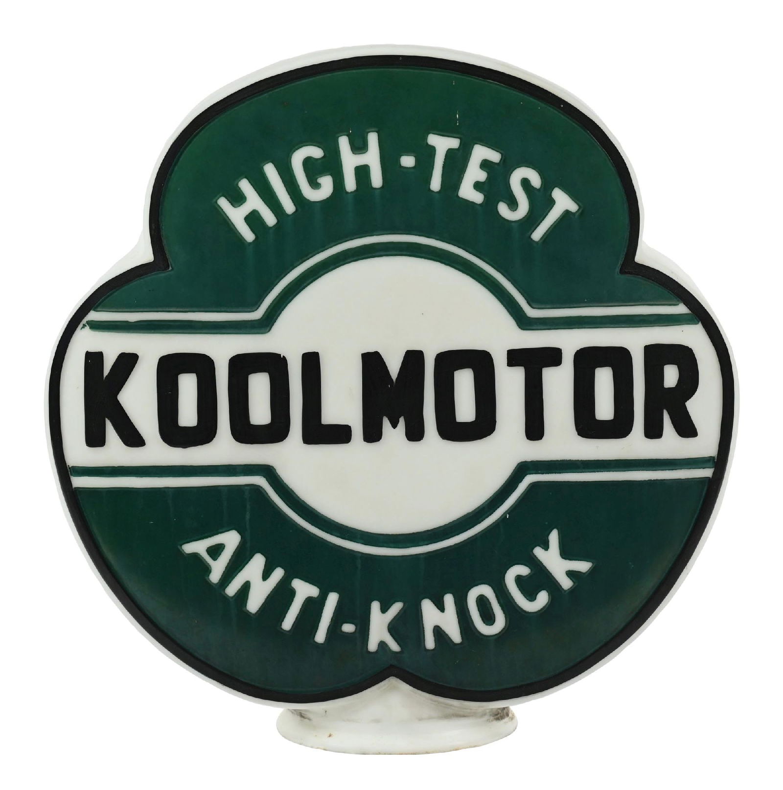 KOOLMOTOR HIGH TEST ANTI KNOCK ONE-PIECE CAST GLOBE: One-Piece Cast Globe. CONDITION: Original paint throughout each side, showing light areas of age staining and fading to the green with some minor factory defects in the black. Body is damage-free thro