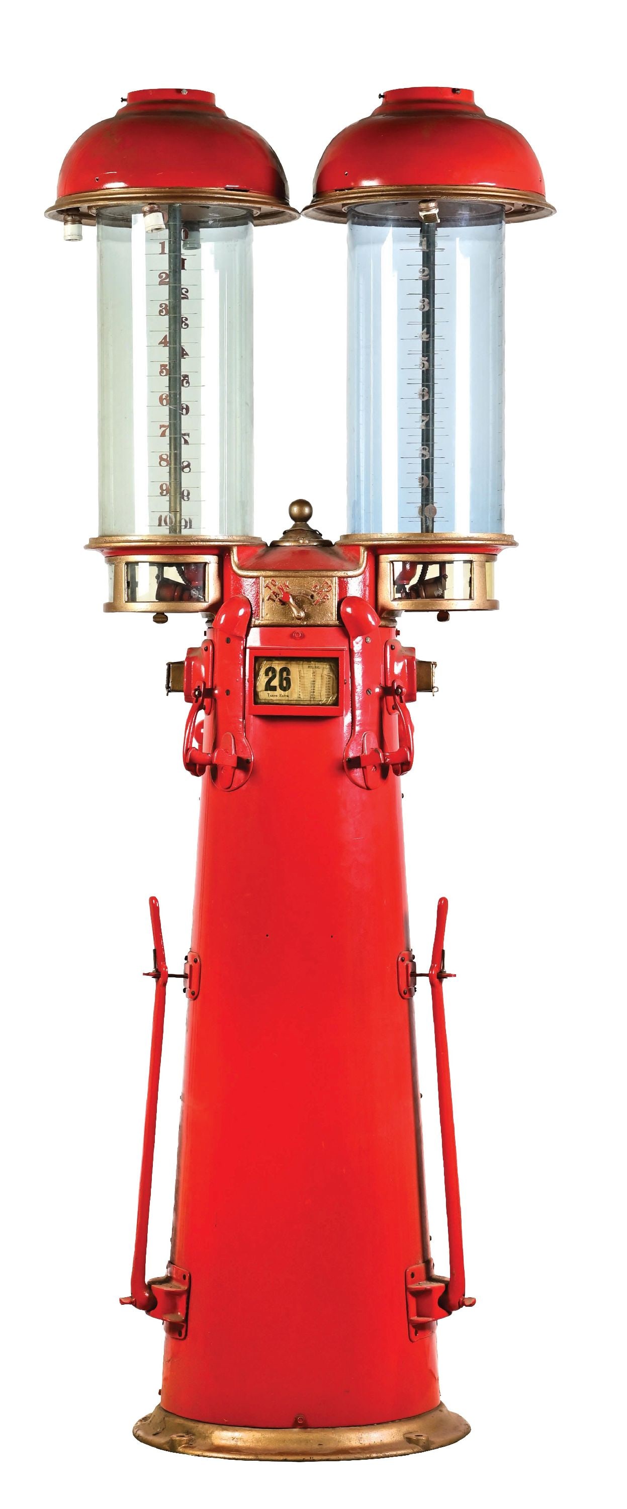 CANADIAN TWIN DOUBLE VISIBLE GAS PUMP.: Canadian Twin Ten Gallon Double Visible Gas Pump showing an older restoration done in red & gold. CONDITION: Pump is overall fair showing an older restoration with areas of age and storage wear to the