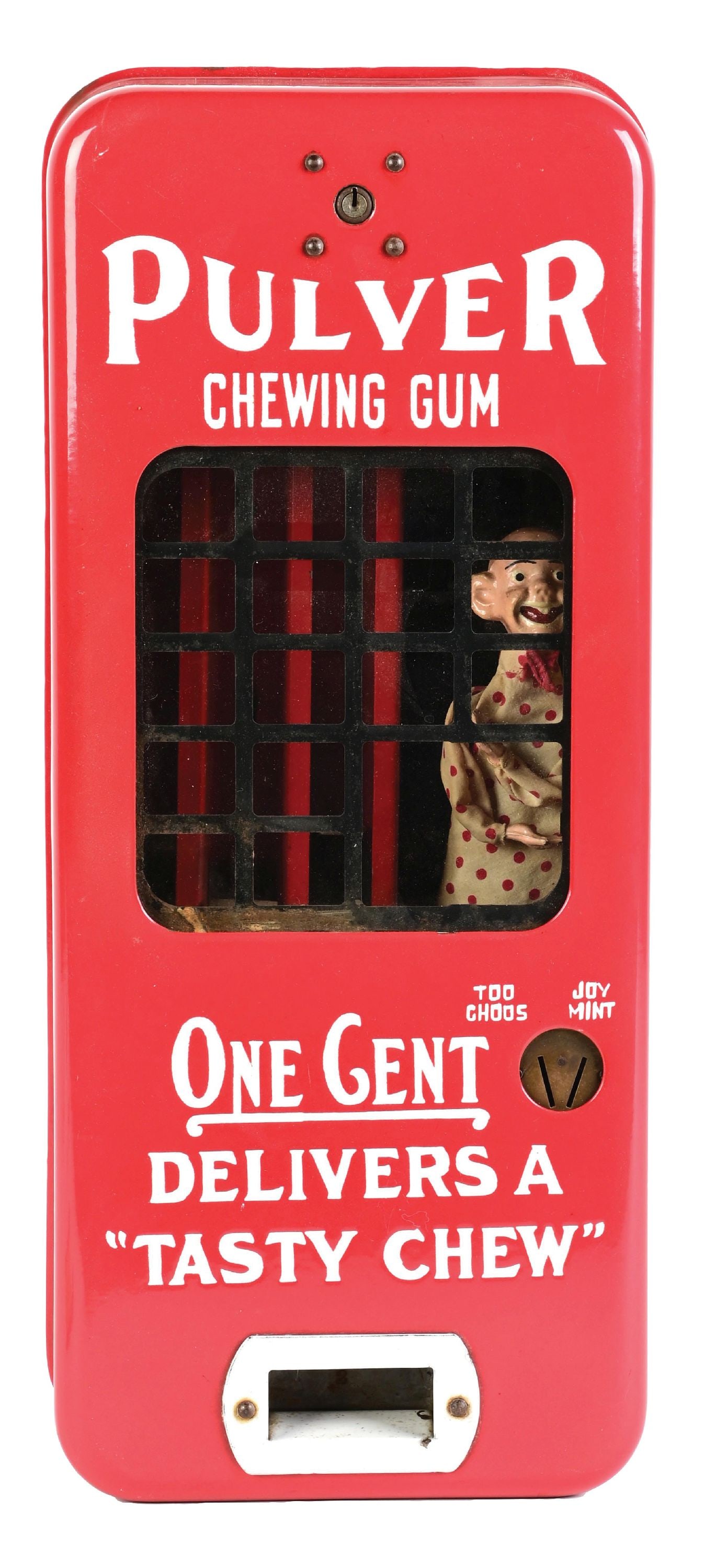 PULVER CHEWING GUM PORCELAIN VENDING MACHINE.: Porcelain-Cased Vending Machine for Pulver Chewing Gum. C. 1920s. CONDITION: Casing is in outstanding condition throughout, showing no chipping with with excellent gloss. Glass is intact and shows por