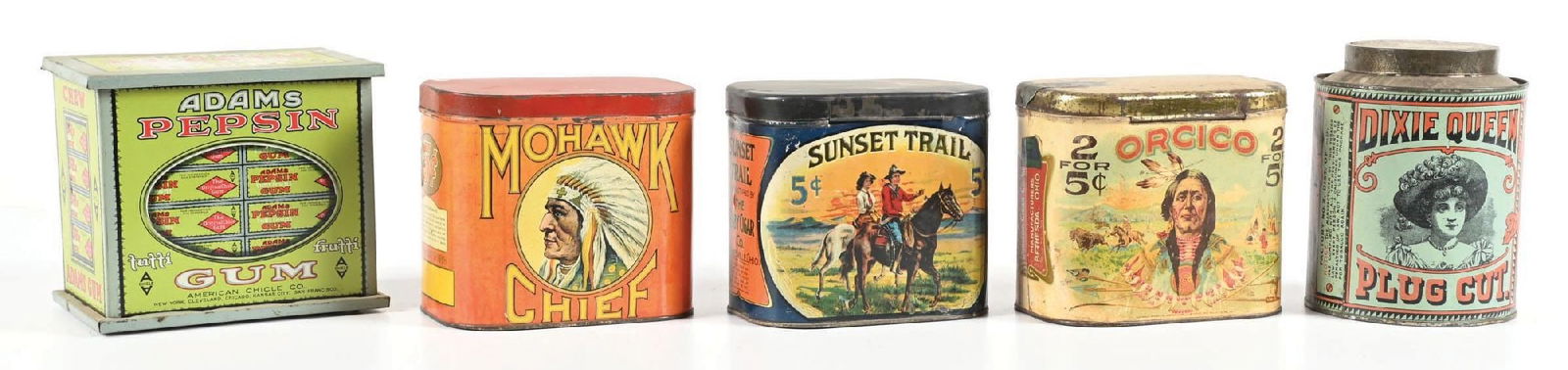 COLLECTION OF 5 COUNTRY STORE TINS: CONDITION: (A) An Adams Pepsin Tutti-Frutti Gum tin, showing really good color and shine. It shows some light wear and areas of lifting paint. (8.7). (B) A Dixie Queen Cut-Plug tin, showing good color