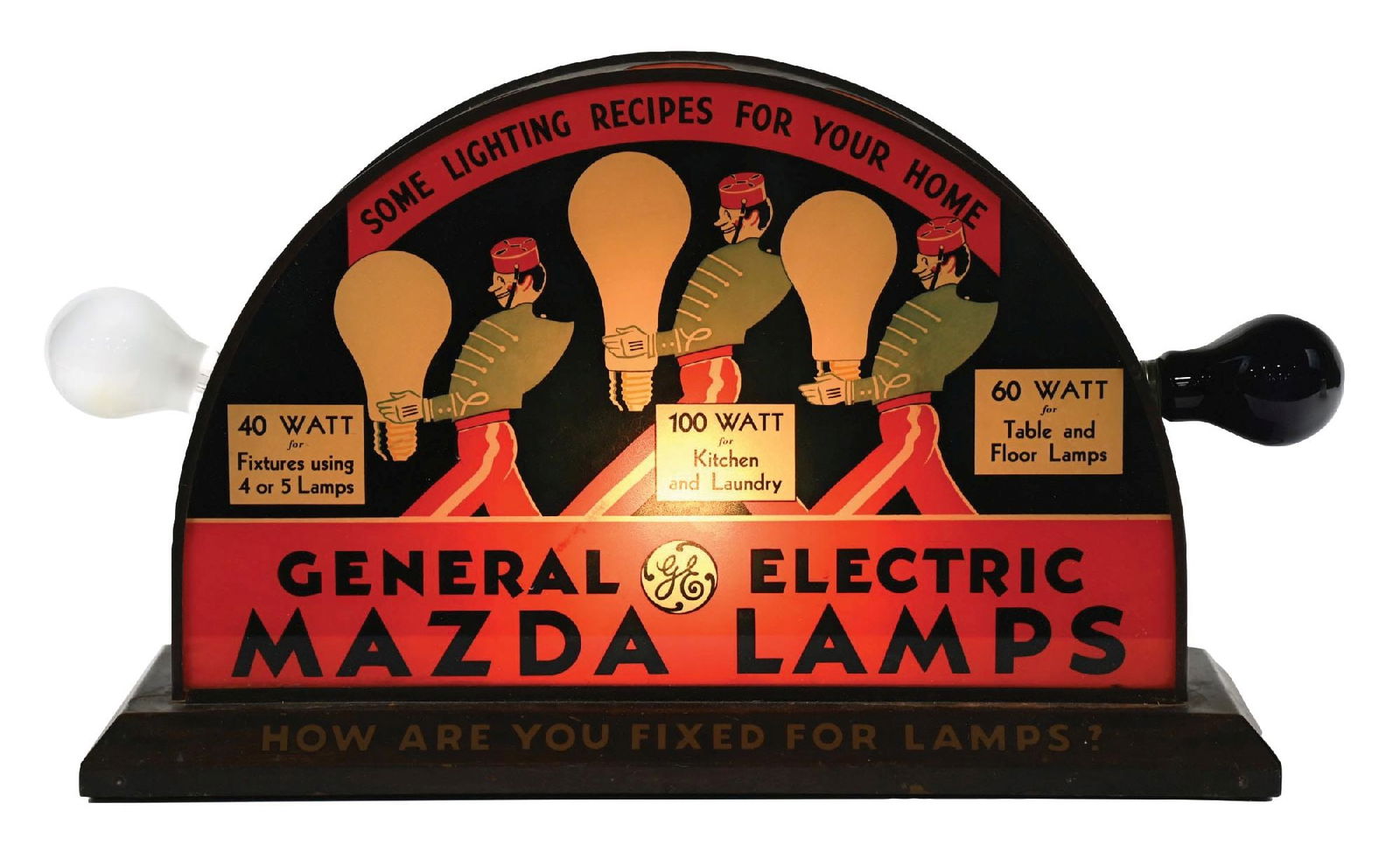 GENERAL ELECTRIC MAZDA LAMPS DOUBLE SIDED GLASS LIGHT UP STORE DISPLAY.: Double Sided Glass Light Up Display with Metal Base. CONDITION: Excellent condition throughout showing only light wear to the glass faces with some minor surface scratches and paint wear. Base showing