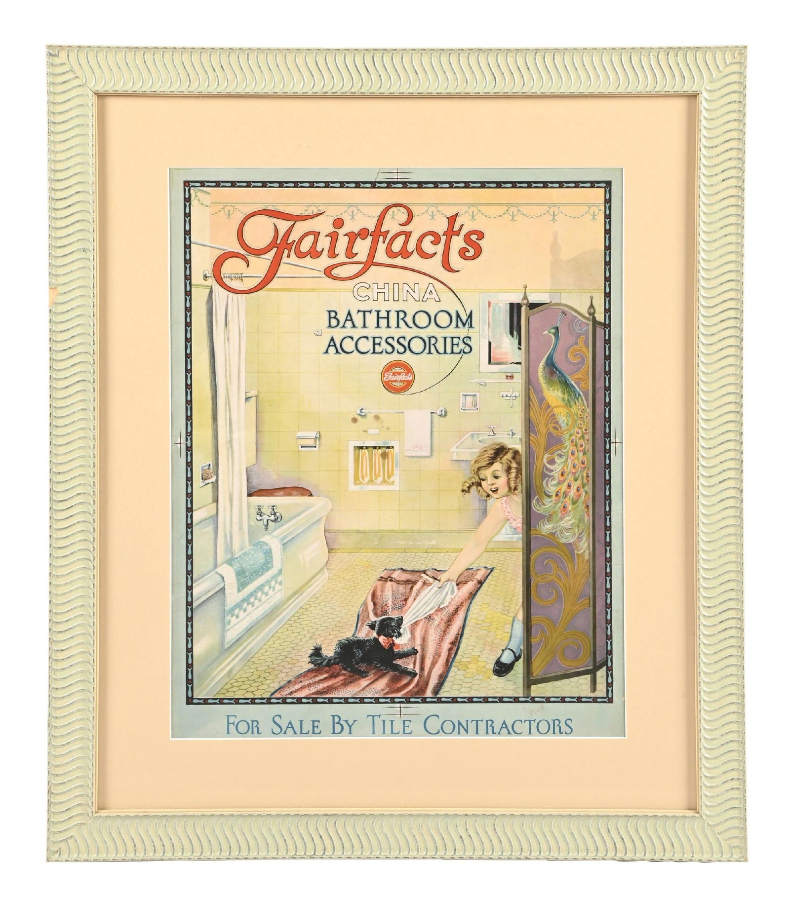 FAIRFACTS CHINA BATHROOM ACCESSORIES FRAMED ADVERTISEMENT: Printers Proof lithograph. CONDITION: Showing great color with a wonderful image of a young girl and her Dog. Showing a repaired tear at the upper center edge, several light scratches, most at the out