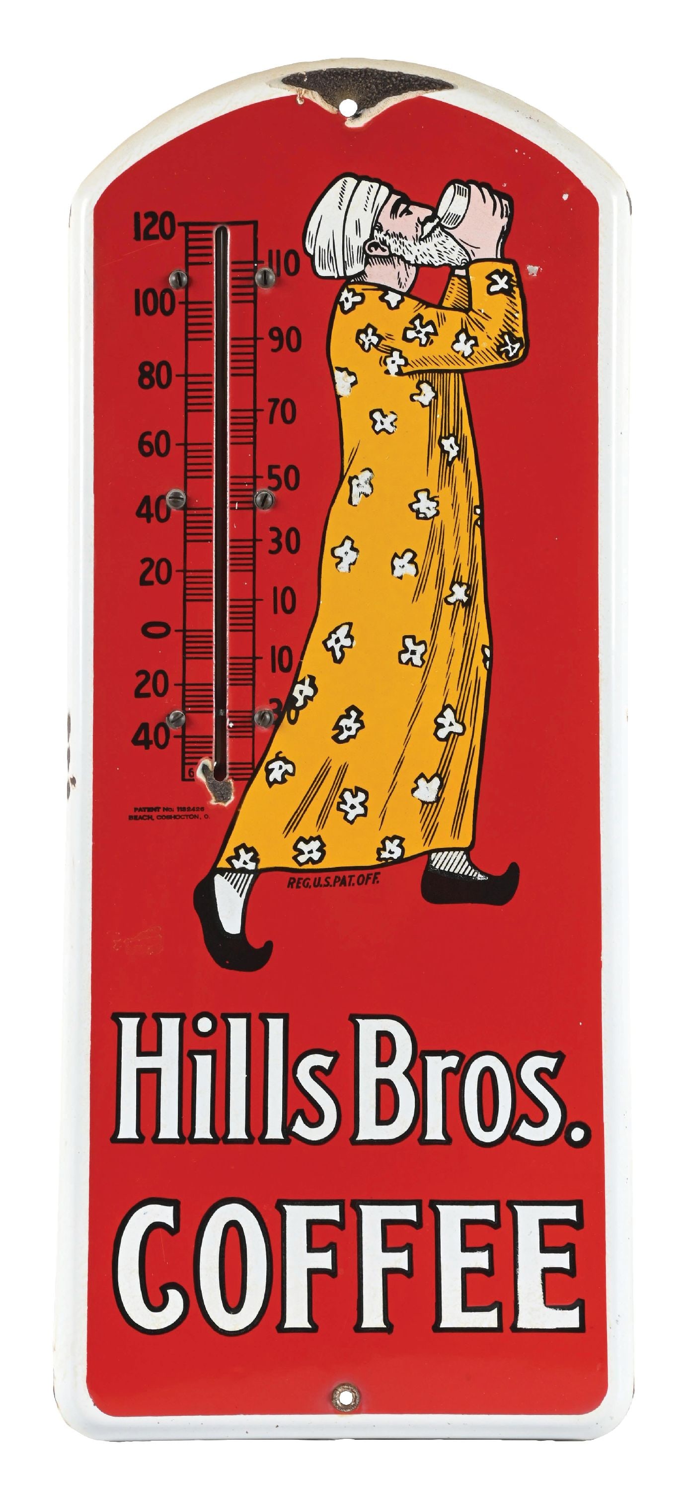 PORCELAIN ADVERTISING THERMOMETER FOR HILLS BROS. COFFEE: SSP. CONDITION: It shows good color and shine, with some light wear overall. Chips in the porcelain at the lower center mounting hole and lower right-hand edge. Condition: (8.0). Dimensions: 8 - 3/4"