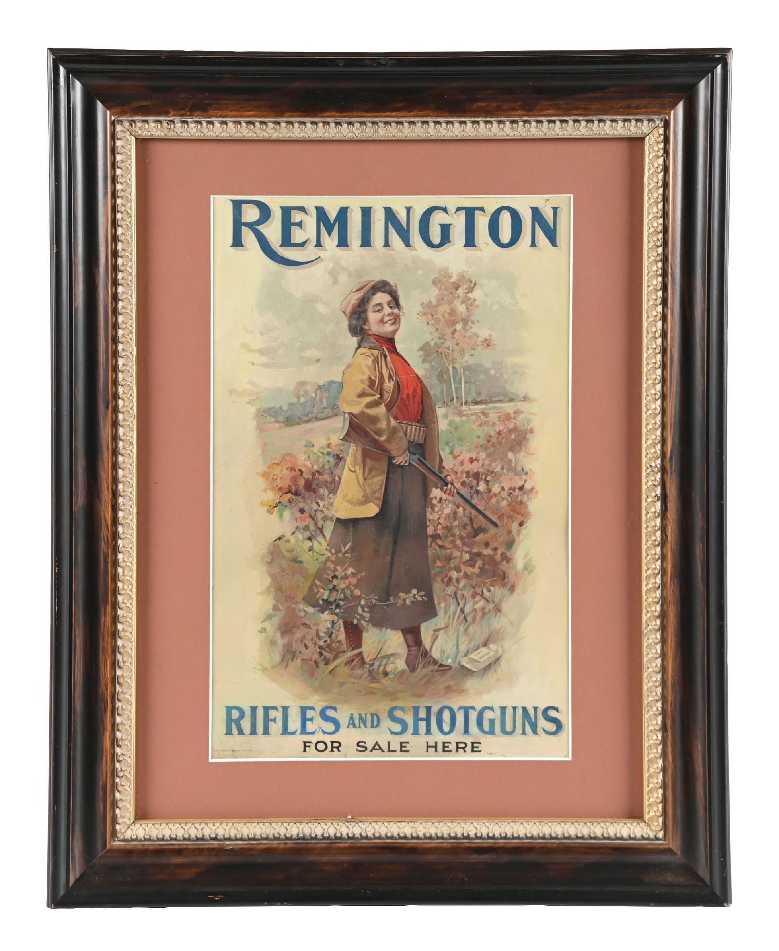 FRAMED CARDSTOCK ADVERTISING FOR REMINGTON RIFLES AND SHOTGUNS: SSC. Dated 1901, and Copyright by F.E. Getty. CONDITION: It shows a light fold at the three-quarter level, a light tear in the upper right-hand corner which has been repaired, and another tear in the