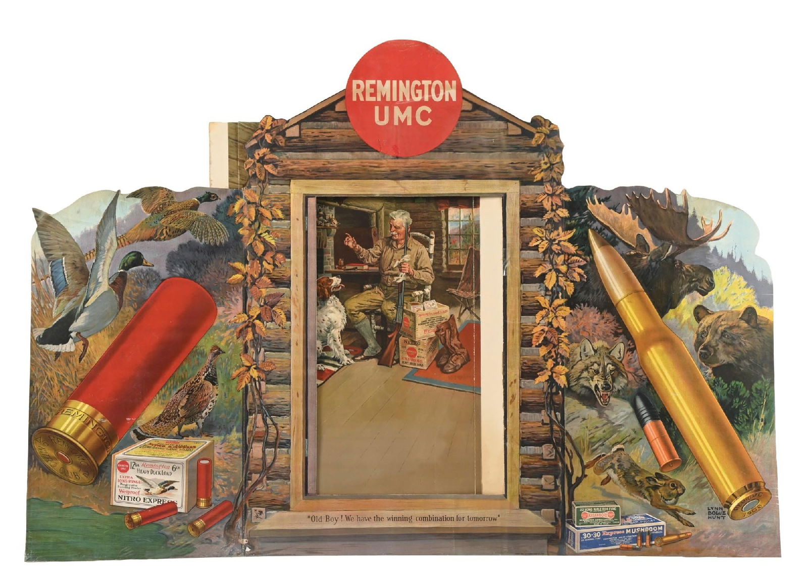 3D STORE ADVERTISING DISPLAY IN CARDBOARD FOR REMINGTON UMC AMMUNITION: CONDITION: Good color, all original pieces showing wear, primarily at the edges and at the corners. Some of the hinges show moderate to extensive wear. No repairs or rips are noted. This is not a