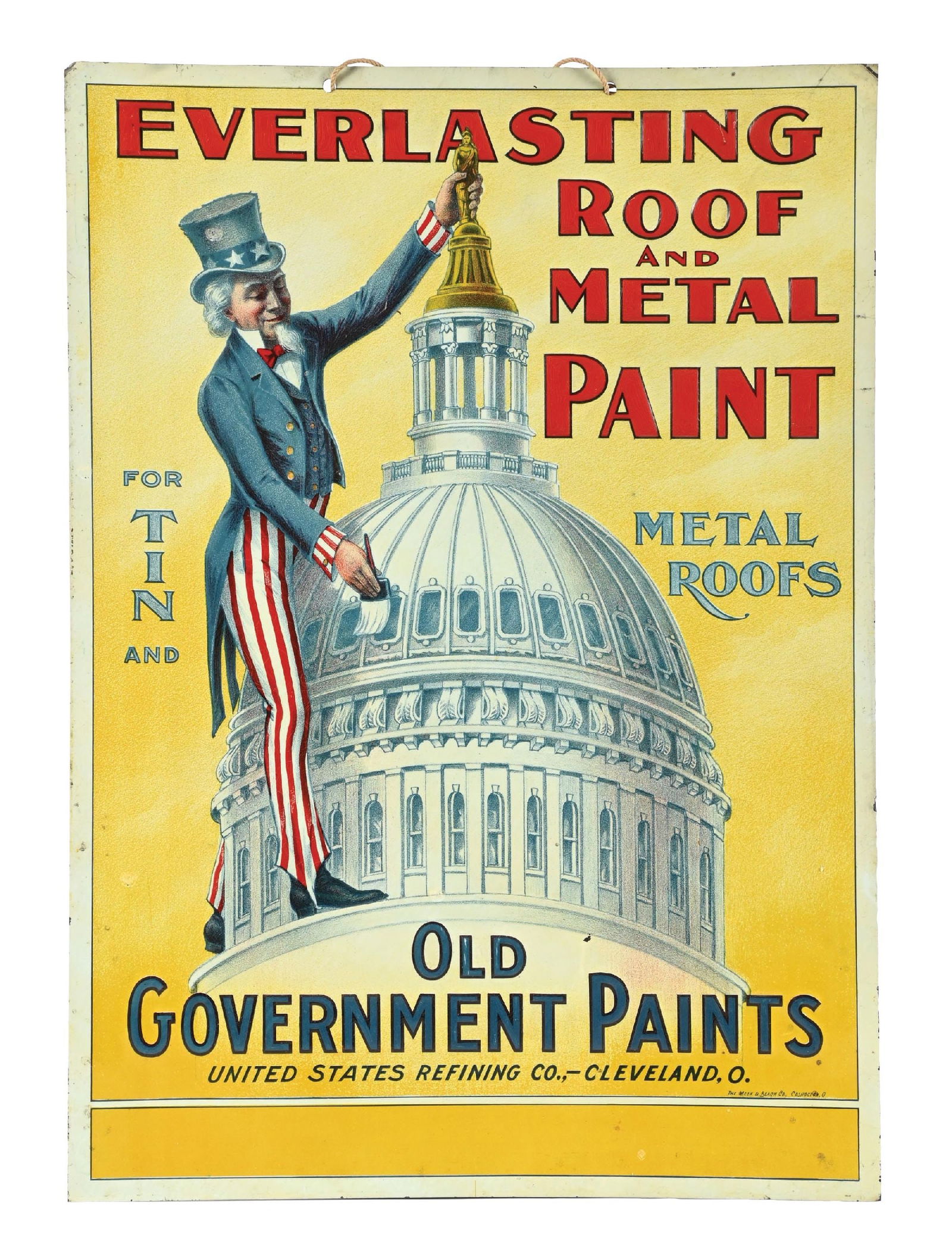 PHENOMENAL EMBOSSED TIN SIGN W/ UNCLE SAM ADVERTISING OLD GOVERNMENT PAINTS: SST. A beautiful bright color embossed tin sign by the Meek & Beach Company out of Coshocton, Ohio. A single-sided tin sign advertising Everlasting Roof and Metal Paint by the Old Government Company U