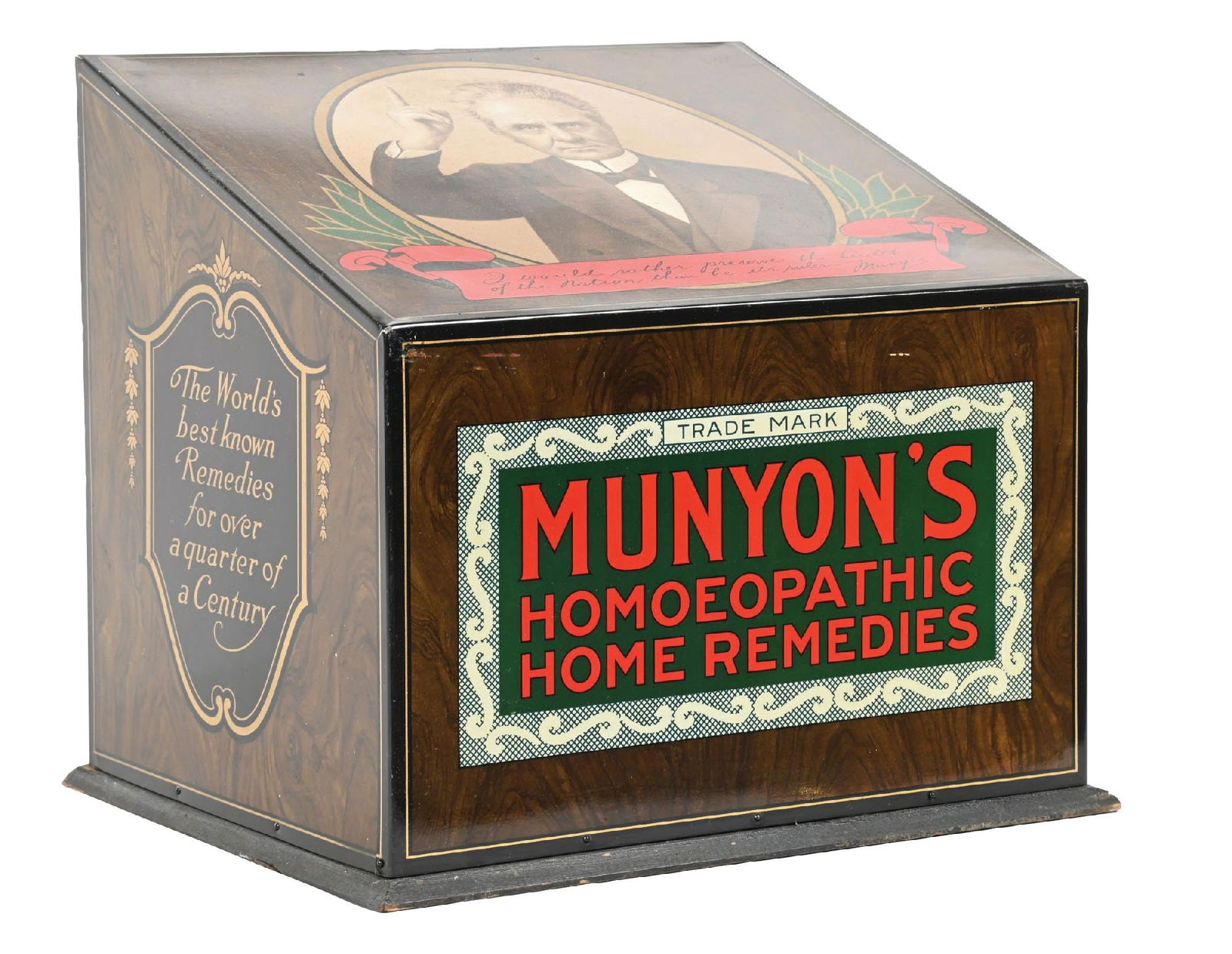 TIN COUNTRY STORE DISPLAY FOR MUNYON'S HOMEOPATHIC HOME REMEDIES: CONDITION: Showing great color and shine, with great graphics on all sides. All original drawers in the back with loads of original product. Light wear overall. Condition: (8.7 - 9.0). Dimensions: 15