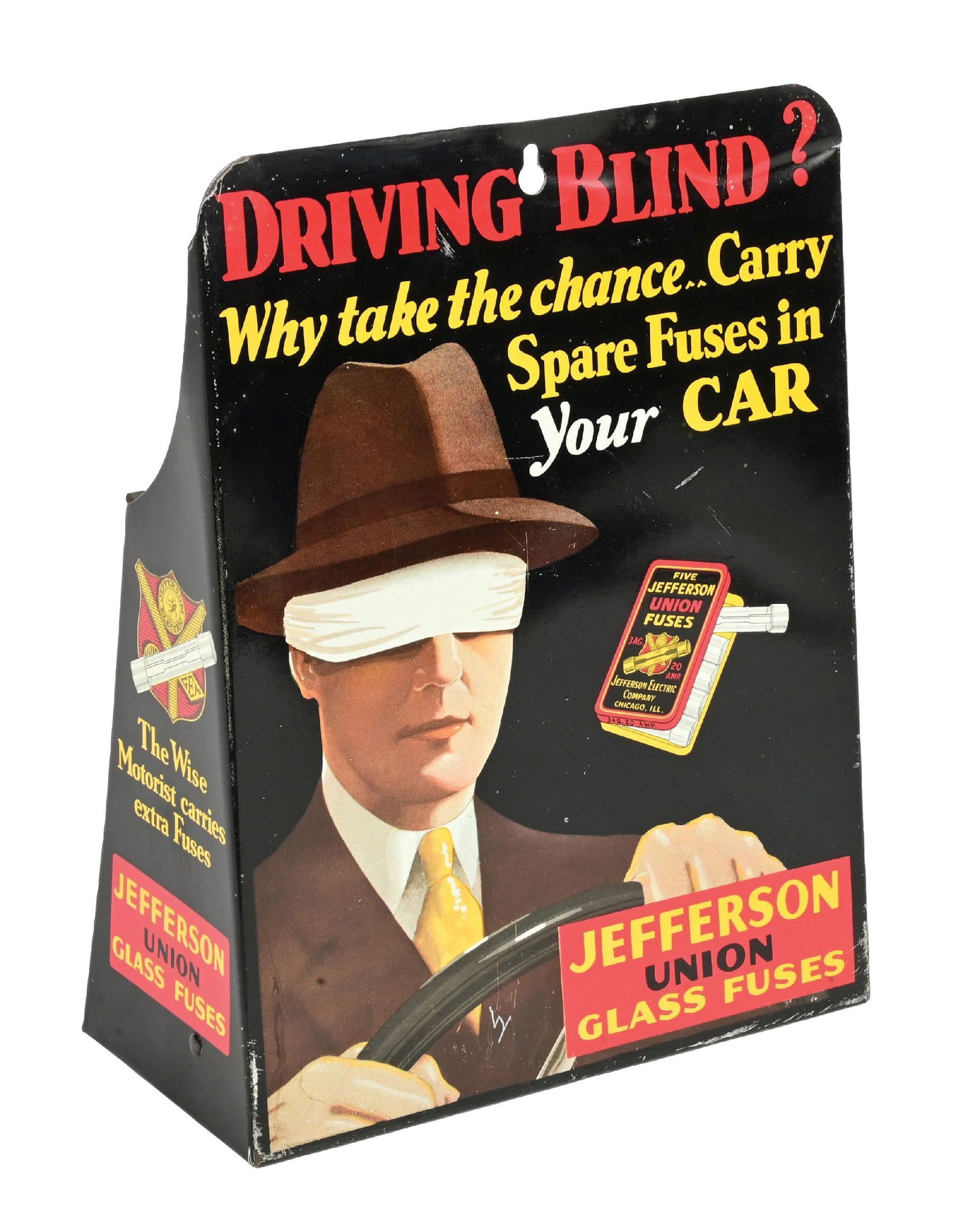 RARE JEFFERSON UNION GLASS FUSES TABLE TOP STORE DISPLAY W/ DRIVER GRAPHIC: SST. C. 1920s. CONDITION: Exceptional color and gloss throughout, showing light areas of minimal surface scratching in the field with excellent condition graphic. One small crease at the upper- right