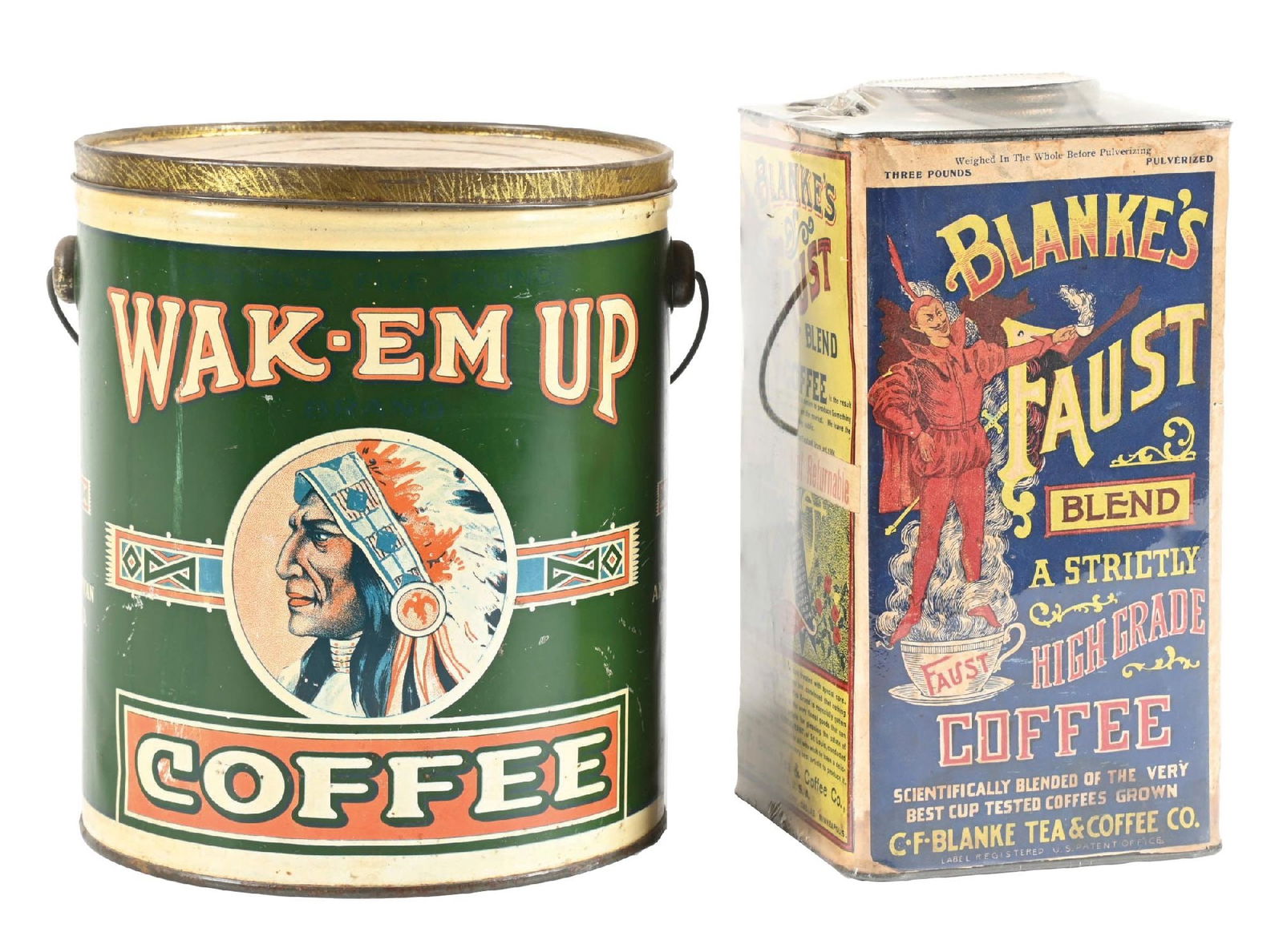 PAIR OF RARE COFFEE TINS: CONDITION: (A) A Wak-Em Up coffee tin with wonderful Native American graphic, showing good color. It shows some wear, areas of light scuffs annd scrapes, and oxidation to the original lid. (8.0). (B)