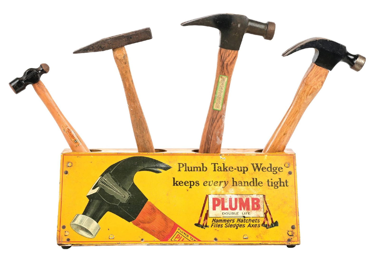 PLUMB HAMMERS TIN STORE DISPLAY W/ HAMMER GRAPHIC: DST. Maker marked Shonk Works. CONDITION: Sign showing fair color and gloss throughout, with some minor areas of staining as well as some areas of cloudiness in the lettering. The hammer graphic is in