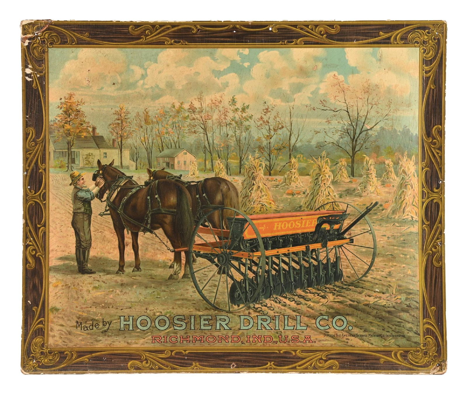 HOOSIER DRILL COMPANY PRESSED CARDBOARD SIGN W/ HORSE & PLOW GRAPHIC (1 of 3)