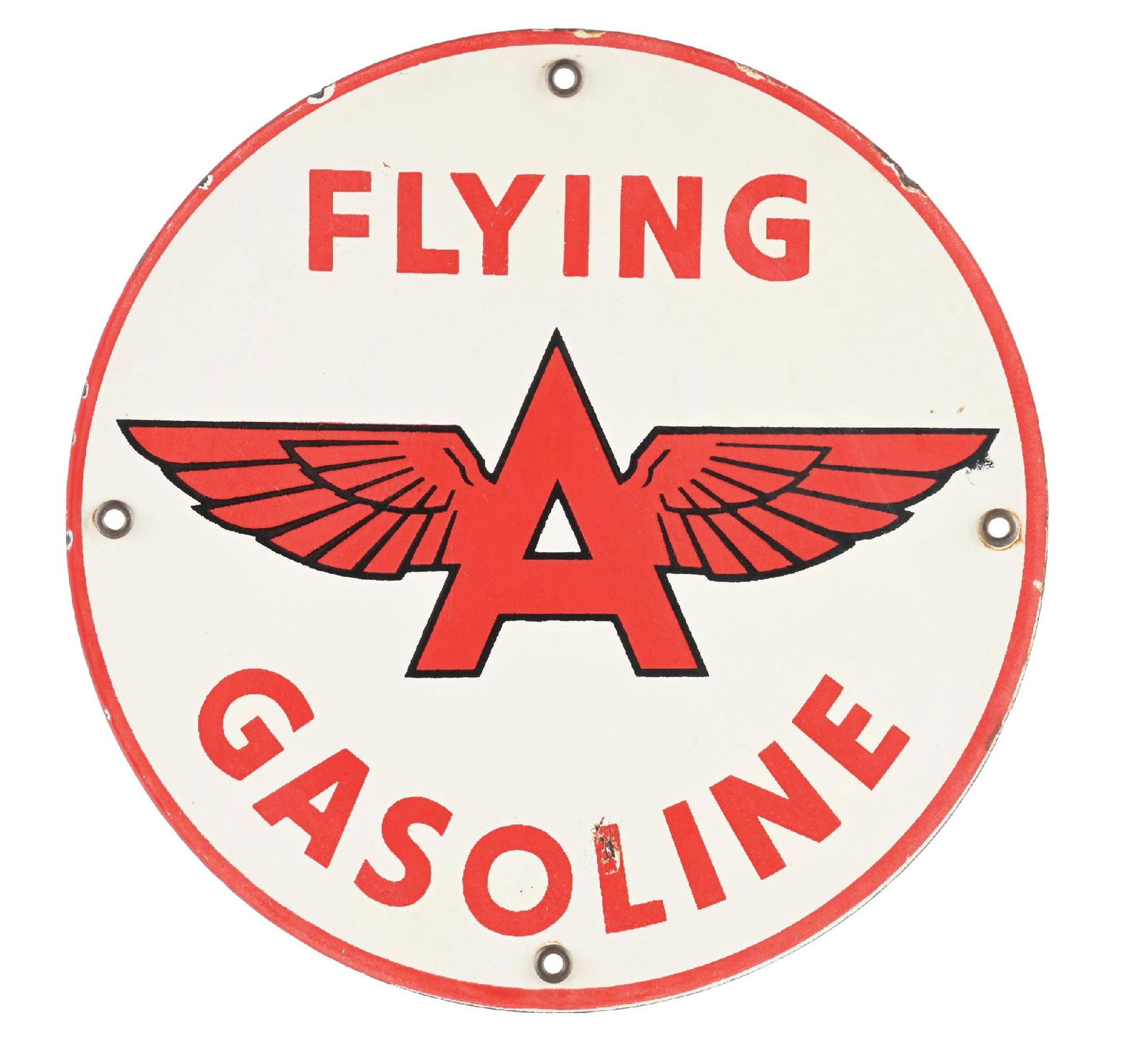 FLYING A GASOLINE PORCELAIN PUMP PLATE SIGN: SSP. C. 1950s. CONDITION: Bright and glossy, showing one chip in the lower field as well as a factory flaw at the right wing. Minimal mounting hole wear with chipping along the outer edges. Condition: