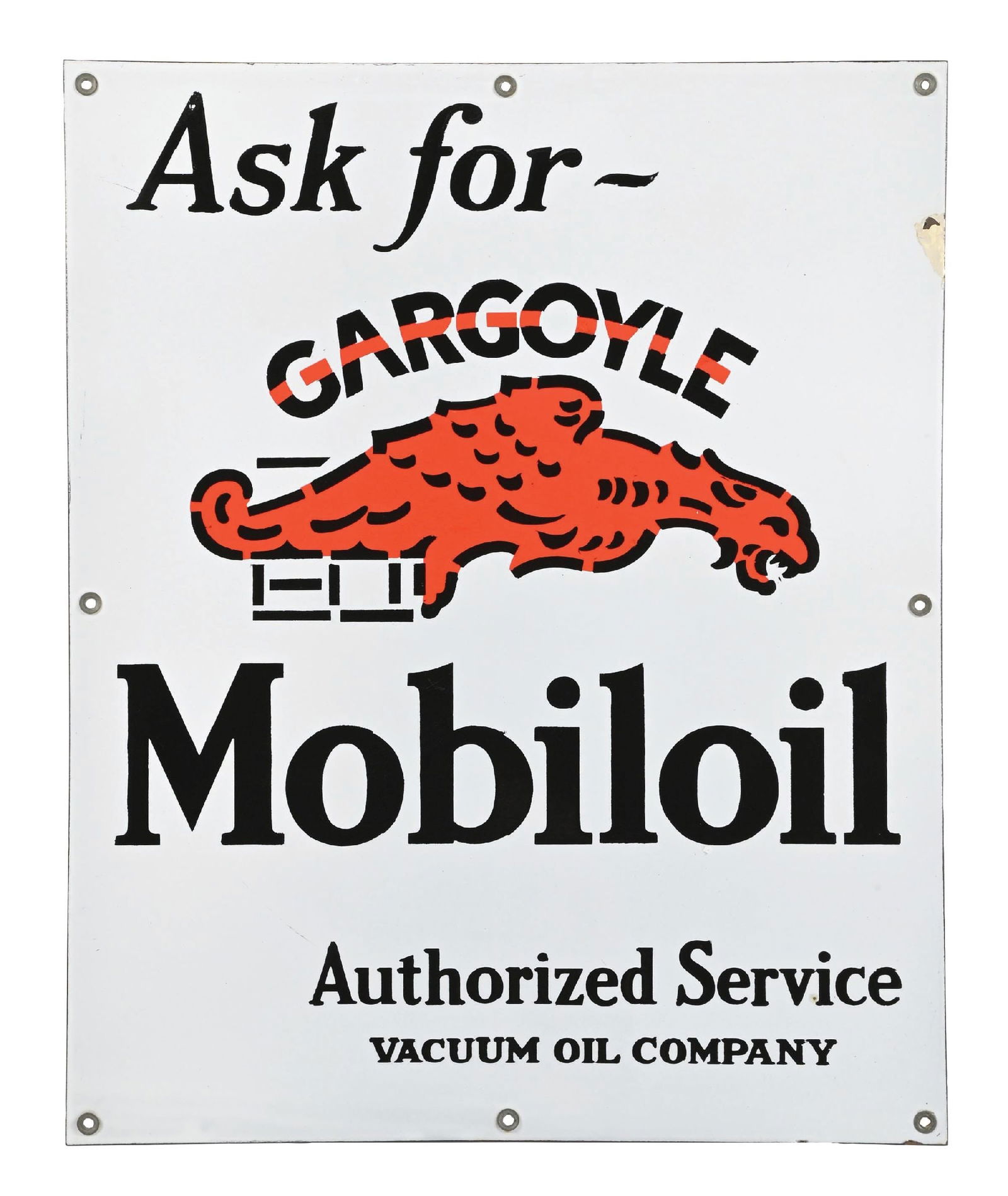 PORCELAIN ADVERTISING SIGN FOR GARGOYLE MOBILOIL SERVICE (1 of 2)