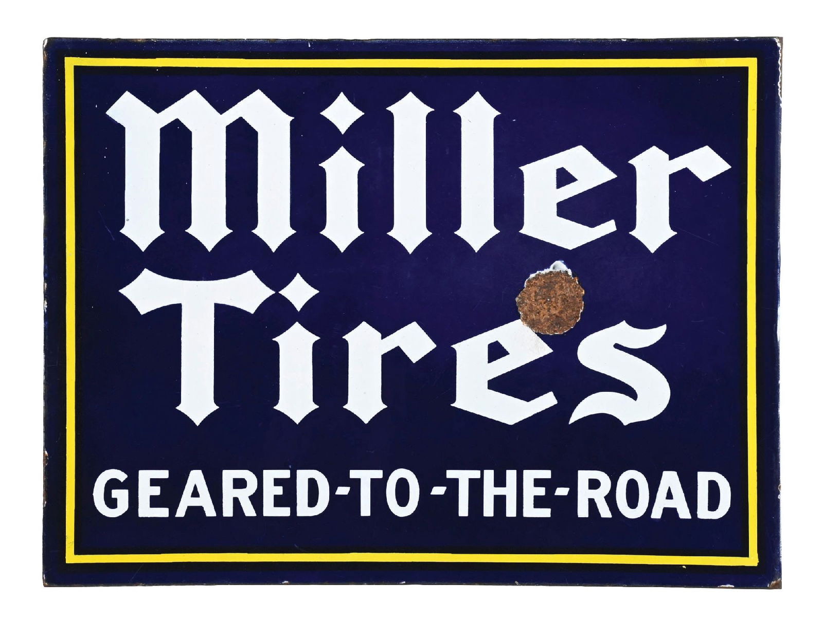 MILLER TIRES GEARED-TO-THE-ROAD PORCELAIN FLANGE SIGN (1 of 2)