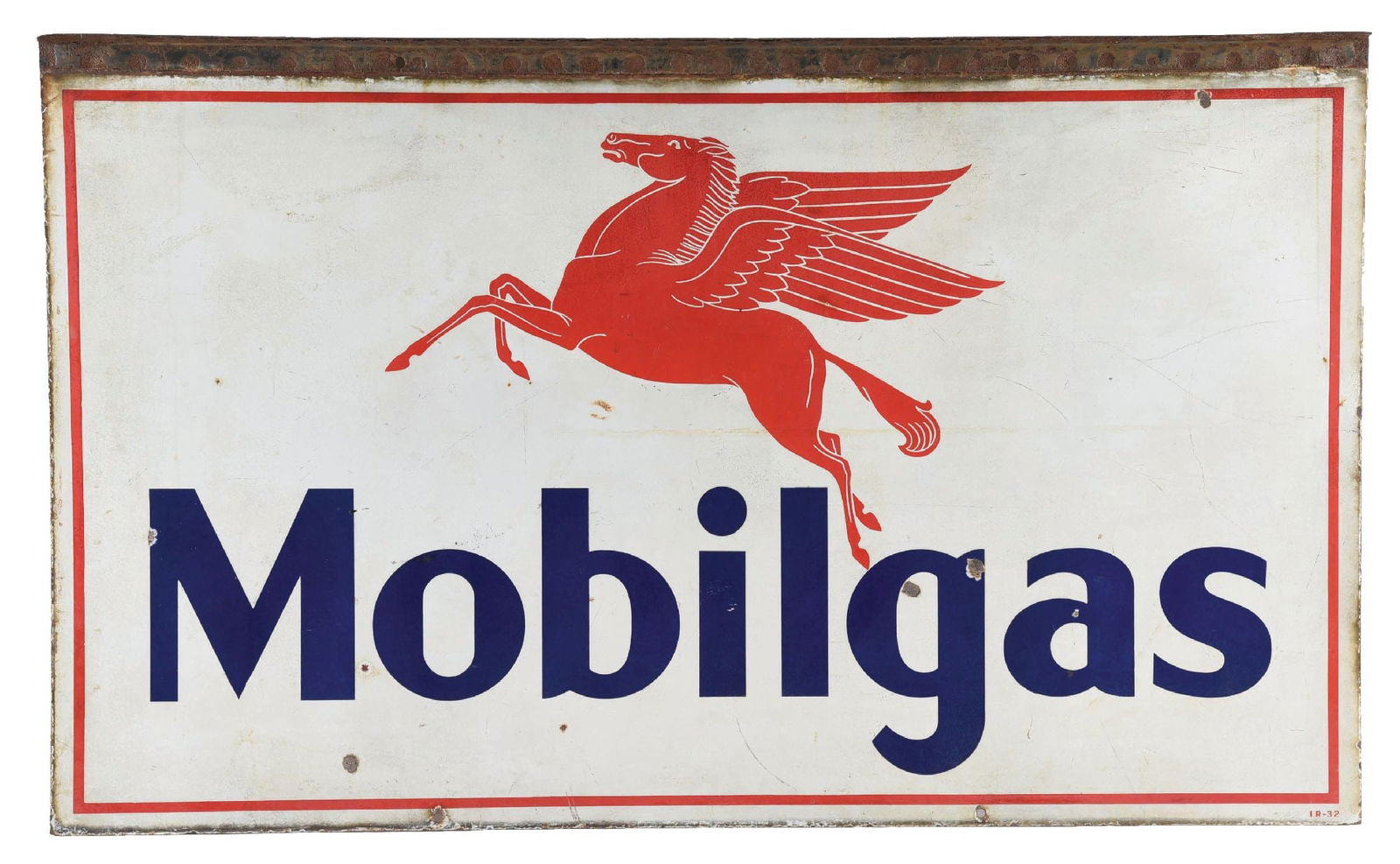 MOBILGAS PORCELAIN SERVICE STATION SIGN W/ PEGASUS GRAPHIC: DSP. Sign is maker marked Ingram Richardson and dated 1932. A nice example of this iconic and early sign from Mobil. Side one shows very good color and gloss with a clean Pegasus graphic. Side one sho