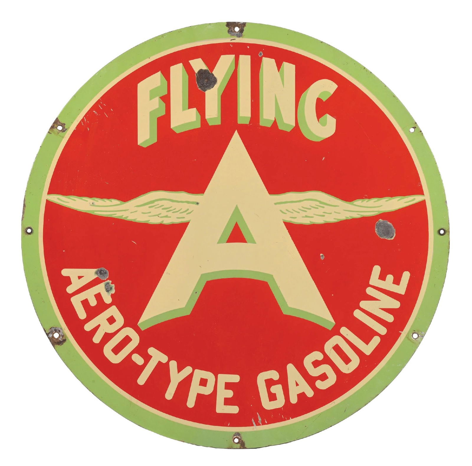 ASSOCIATED FLYING A AERO-TYPE GASOLINE PORCELAIN SIGN: DSP. CONDITION: Excellent color and gloss throughout each side, showing clean and iconic Chickening graphic. Moderate chipping in the outer fields of each side, as well as some chipping at the mountin