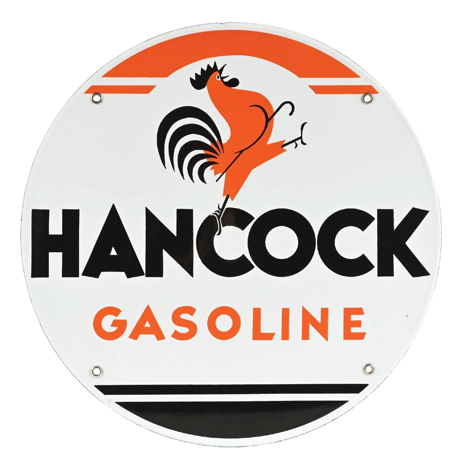 HANCOCK GASOLINE PORCELAIN PUMP PLATE SIGN W/ STICK CHICKEN GRAPHIC AGS 97: AGS CERTIFIED #30012. SSP. CONDITION: Sign is incredibly clean, most likely new old stock, showing no notable field wear. Minimal areas of light surface wear from storage, outstanding condition mounti