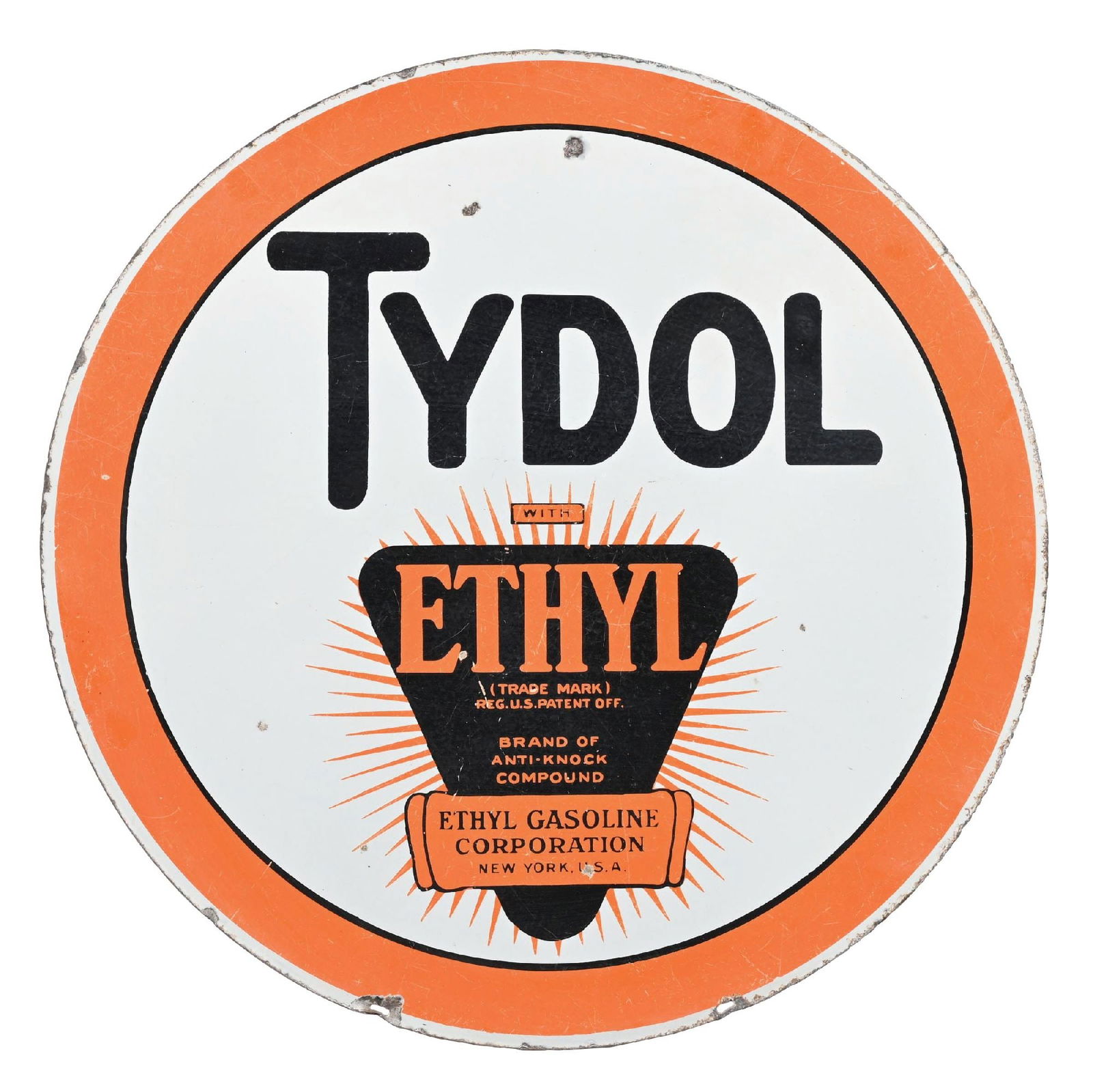 TYDOL ETHYL GASOLINE PORCELAIN SIGN: DSP. C. 1930s. CONDITION: Fair color & gloss throughout each side, showing areas of wear and surface scratching throughout the fields, with minor areas of light chipping and dullness to the gloss. Mod