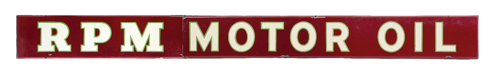 RPM MOTOR OIL TWO PIECE PORCELAIN SIGN W/ SELF FRAMED OUTER EDGE (1 of 5)
