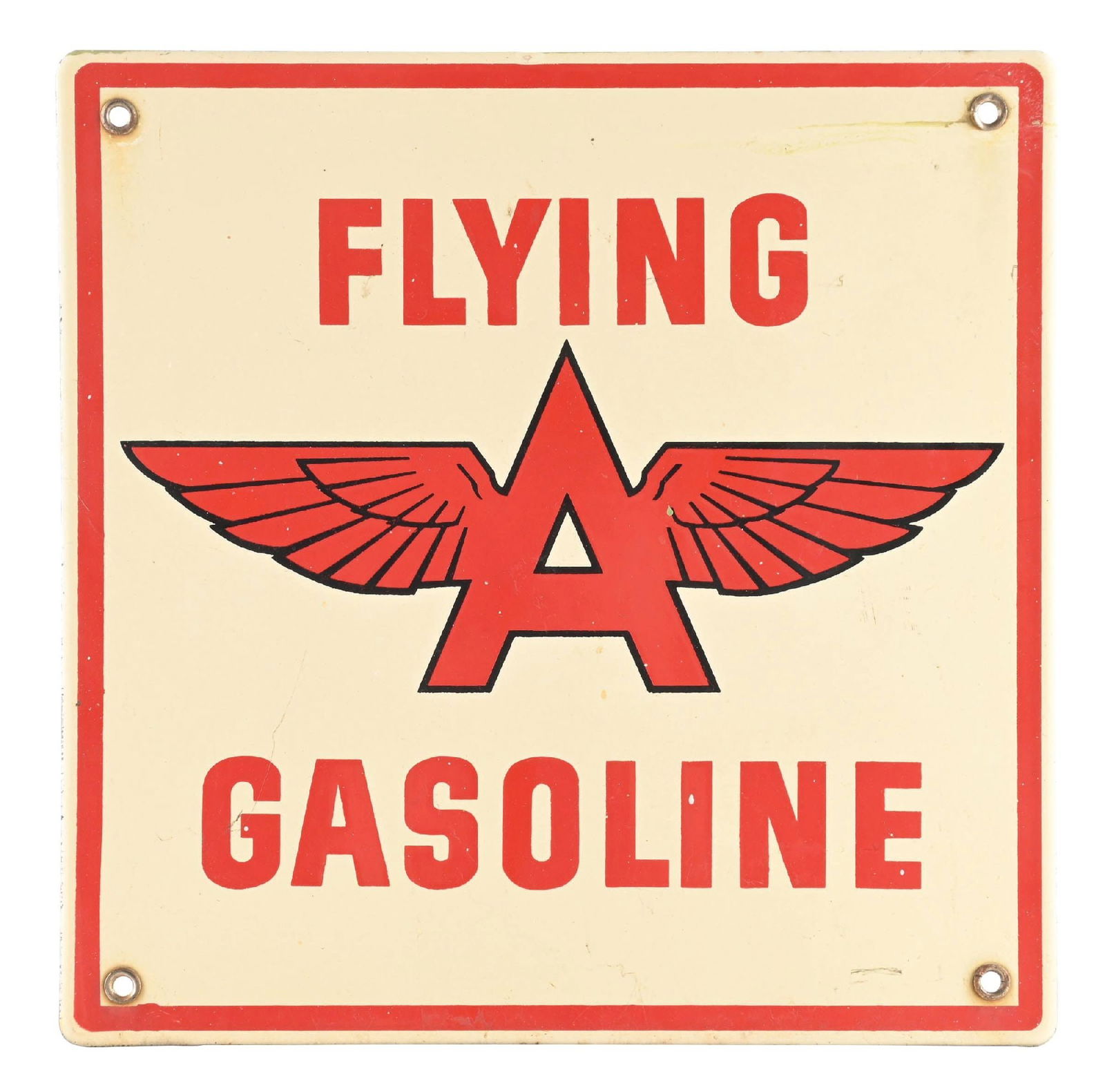 FLYING A GASOLINE PORCELAIN PUMP PLATE SIGN: SSP. C. 1940's. CONDITION: Very good color throughout, showing some minor dullness to the gloss as well as some staining. Light surface scratches with areas of light wear at the mounting holes. Minor