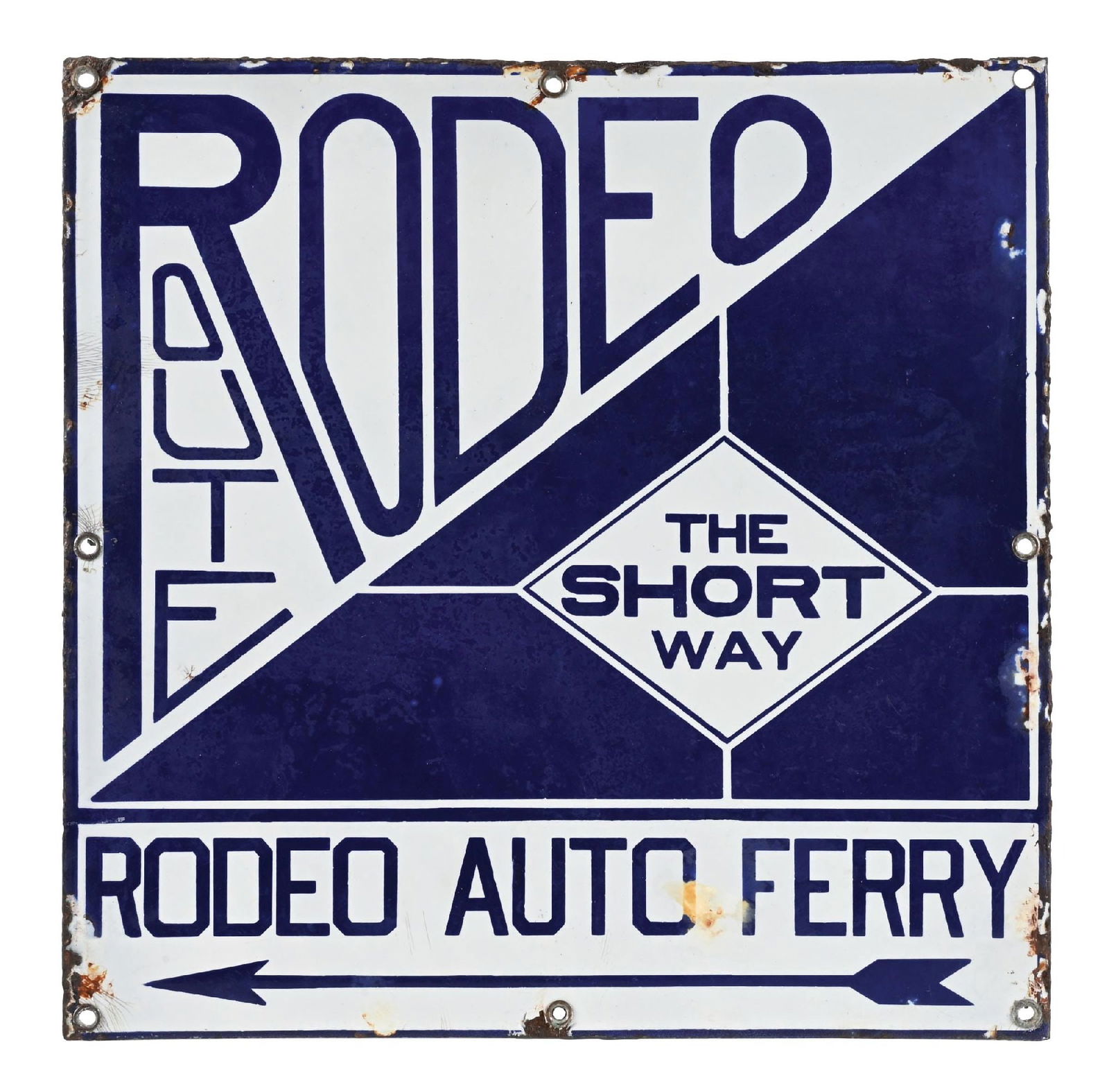 RODEO AUTO FERRY PORCELAIN SIGN W/ DIRECTIONAL ARROW GRAPHIC (1 of 2)