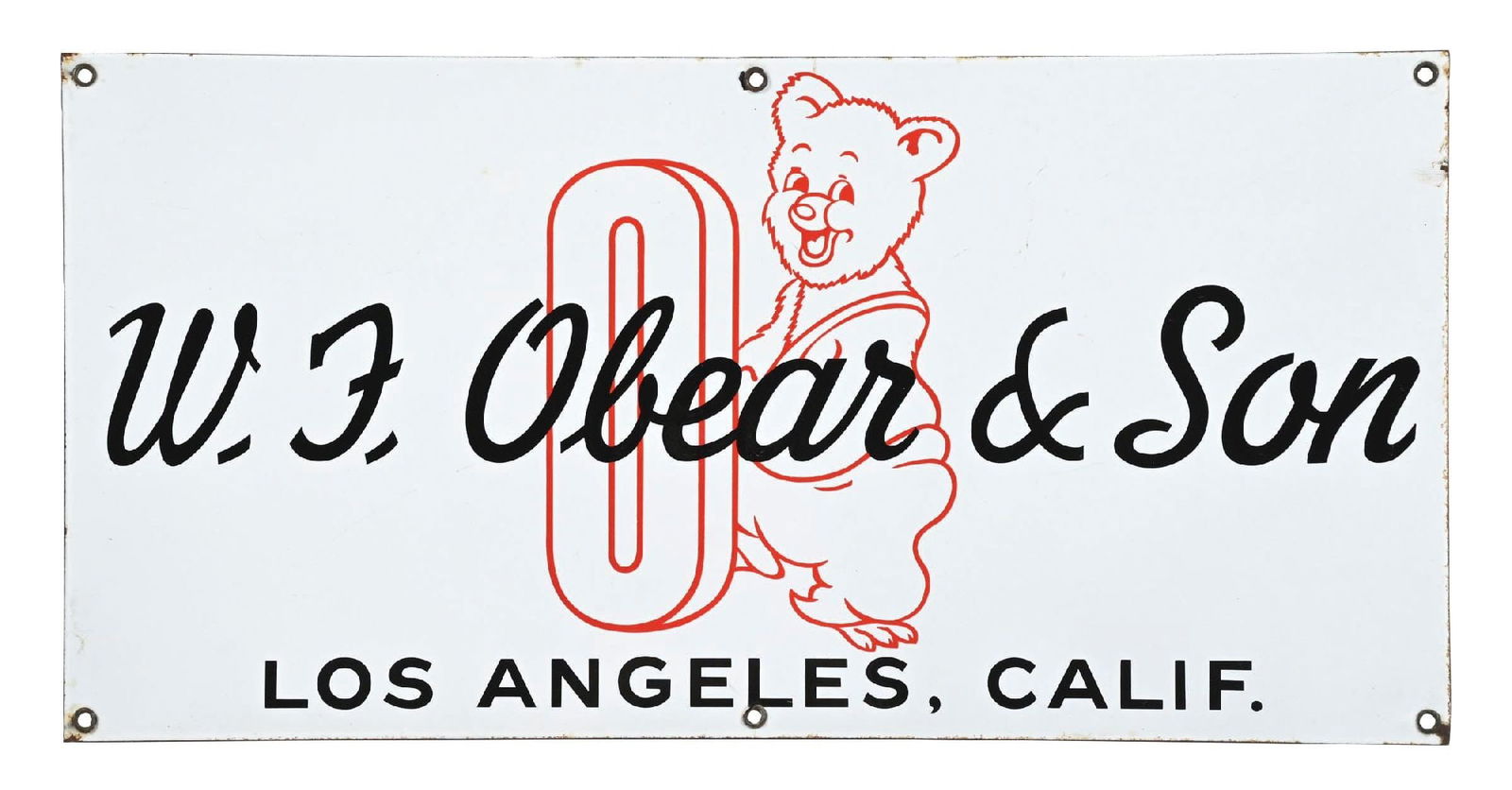 W. J. OBEAR & SON PORCELAIN SIGN W/ BEAR GRAPHIC (1 of 2)