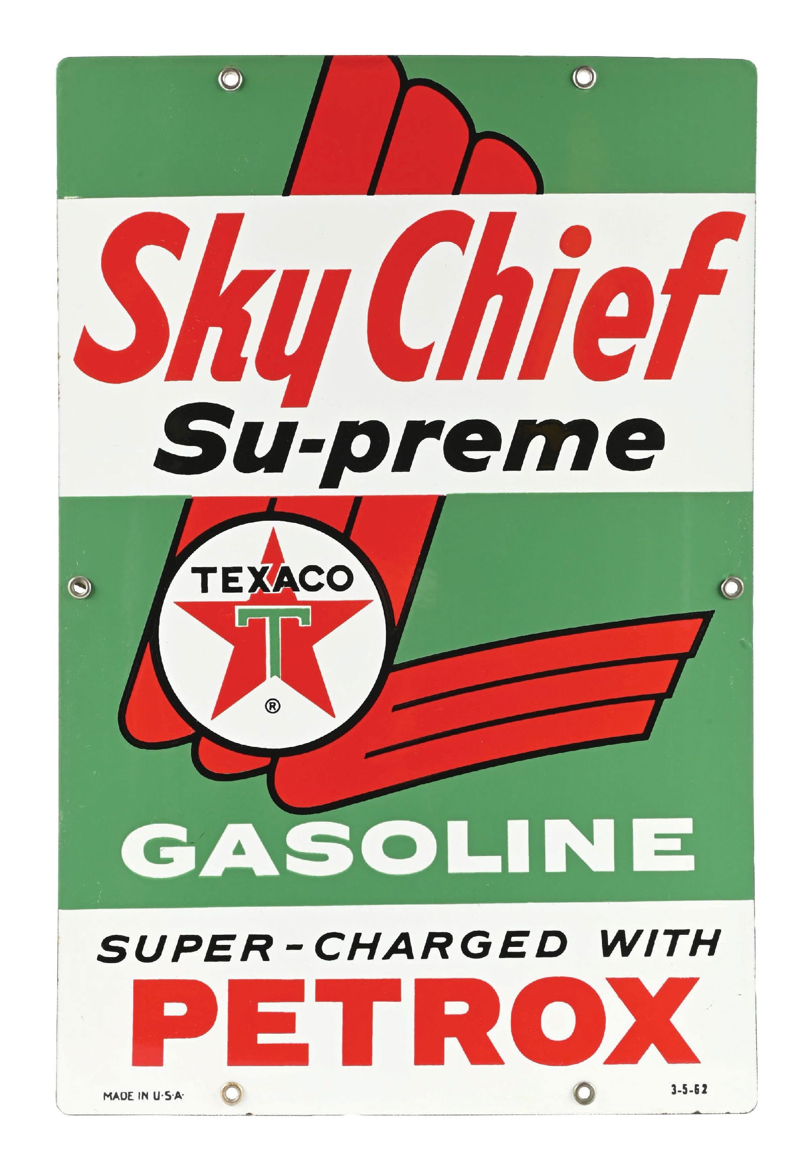 TEXACO SKY-CHIEF SU-PREME GASOLINE SUPERCHARGED WITH PETROX PORCELAIN PUMP PLATE (1 of 4)