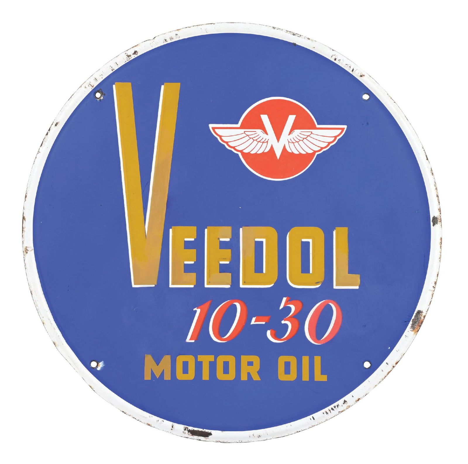 VEEDOL 10-30 MOTOR OIL PORCELAIN SIGN: SSP. CONDITION: Sign shows very good color throughout, with areas of spot restoration in the field. The inner and outer fields have been repainted throughout, with only certain areas showing restorati