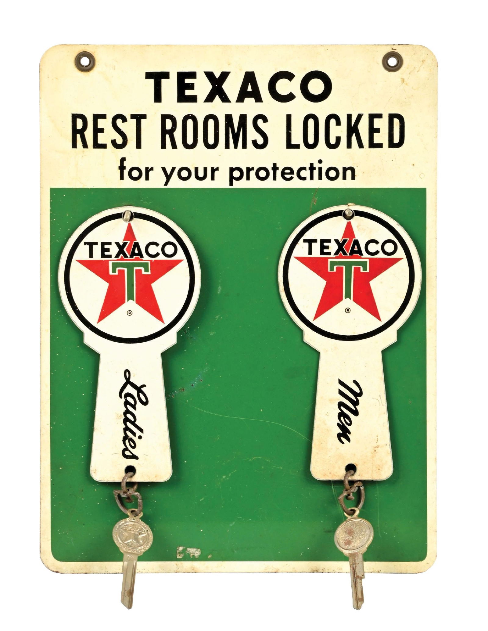TEXACO REST ROOMS TIN SIGN WITH "LADIES" AND "MEN" KEY FOBS (1 of 3)