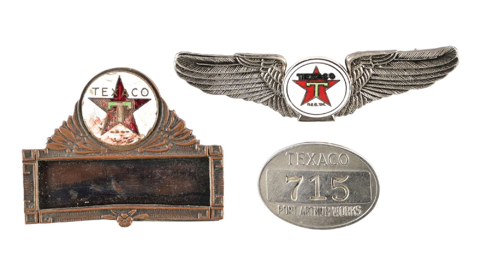 COLLECTION OF 3: TEXACO NAME, HAT & EMPLOYEE BADGES: Collection Consists Of: Texaco Port Arthur Employee Badge #715, Texaco Cloisonné Pin with wings & Texaco Cloisonné name badge. CONDITION: Each in good condition, with the name badge showing