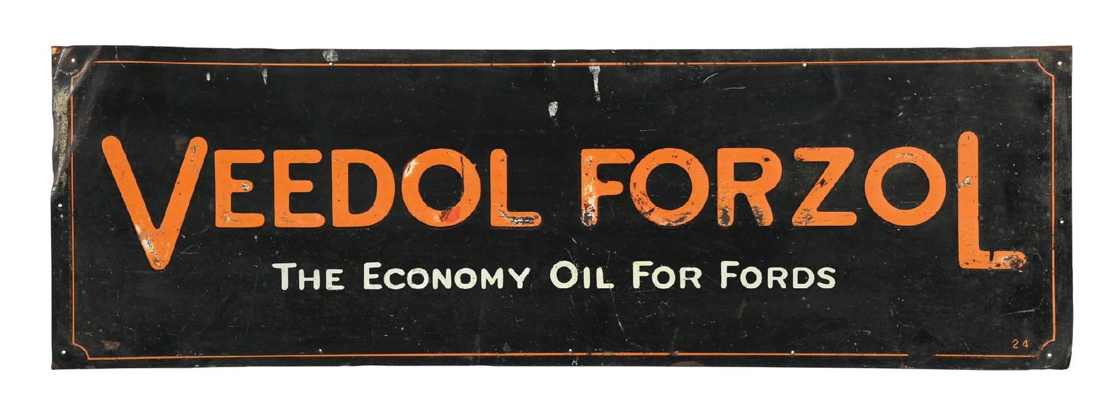 VEEDOL FORZOL MOTOR OIL "THE ECONOMY OIL FOR FORD" EMBOSSED TIN SIGN: SST. C. 1930s. CONDITION: Fair color & gloss showing moderate surface scratching and wear throughout. Light denting and paint loss at the edges with light wear at the mounting holes. A rare sign from
